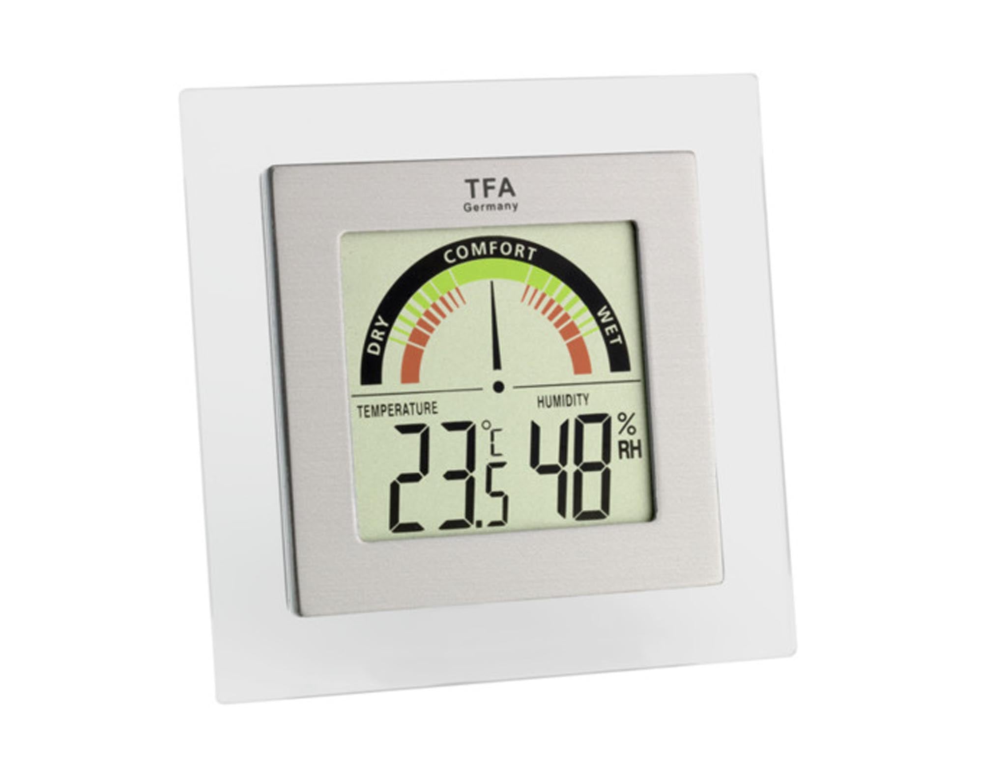 Kompaktes digitales Thermo-Hygrometer von TFA: Präzise Temperatur- und Feuchtigkeitsmessung für gesundes Raumklima. Ideal für Zuhause, Büro und Gewächshaus.