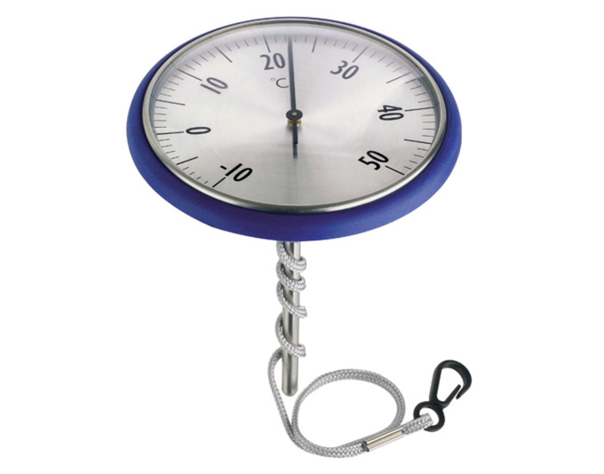 Elegantes, rostfreies Edelstahl-Schwimmbadthermometer ø 11 cm für präzise Wassertemperaturmessung und langlebigen Einsatz.