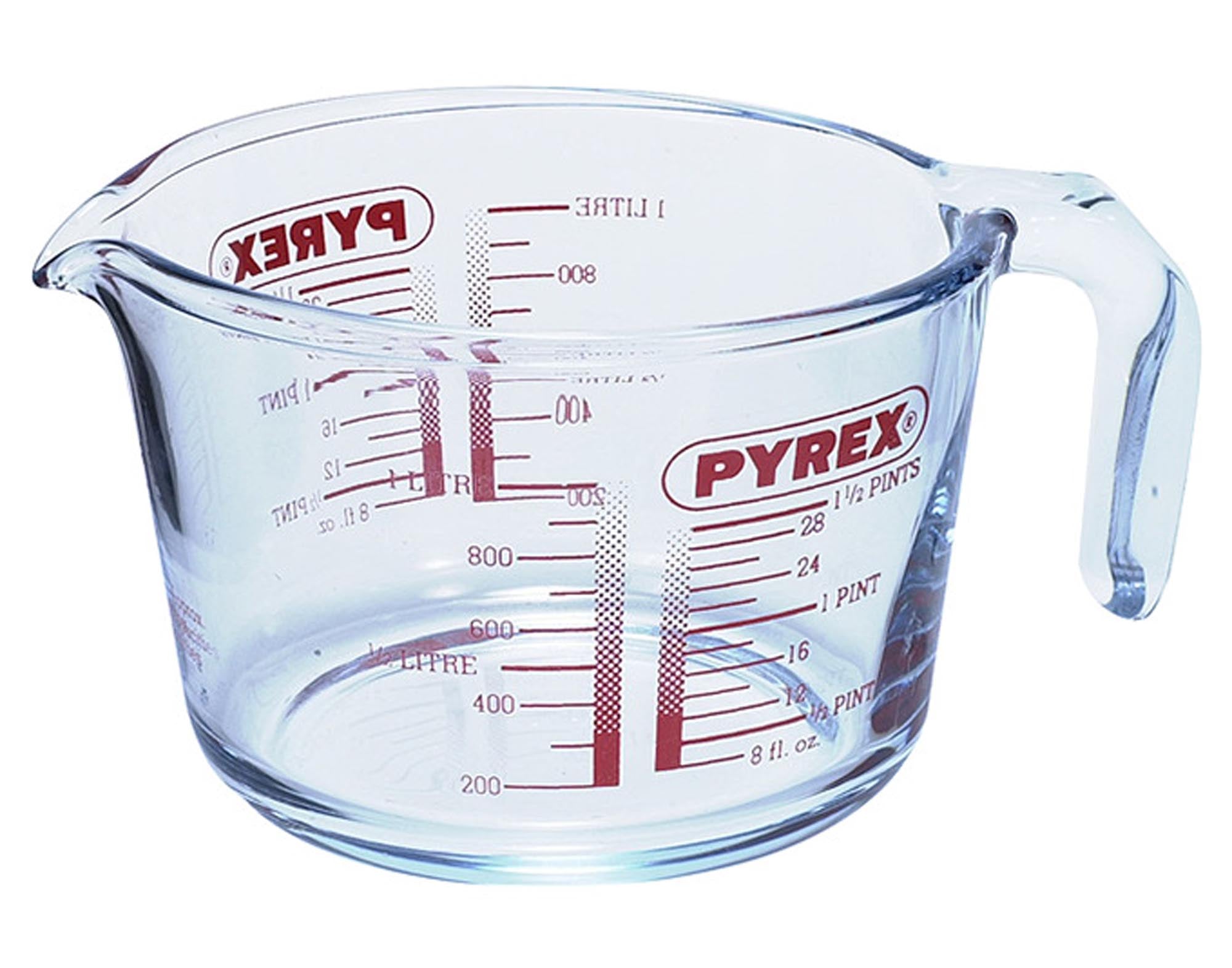Der PYREX Messkrug aus Borosilikatglas, 1 l, bietet präzises Abmessen, hitzebeständig, spülmaschinenfest, mit ergonomischem Griff.
