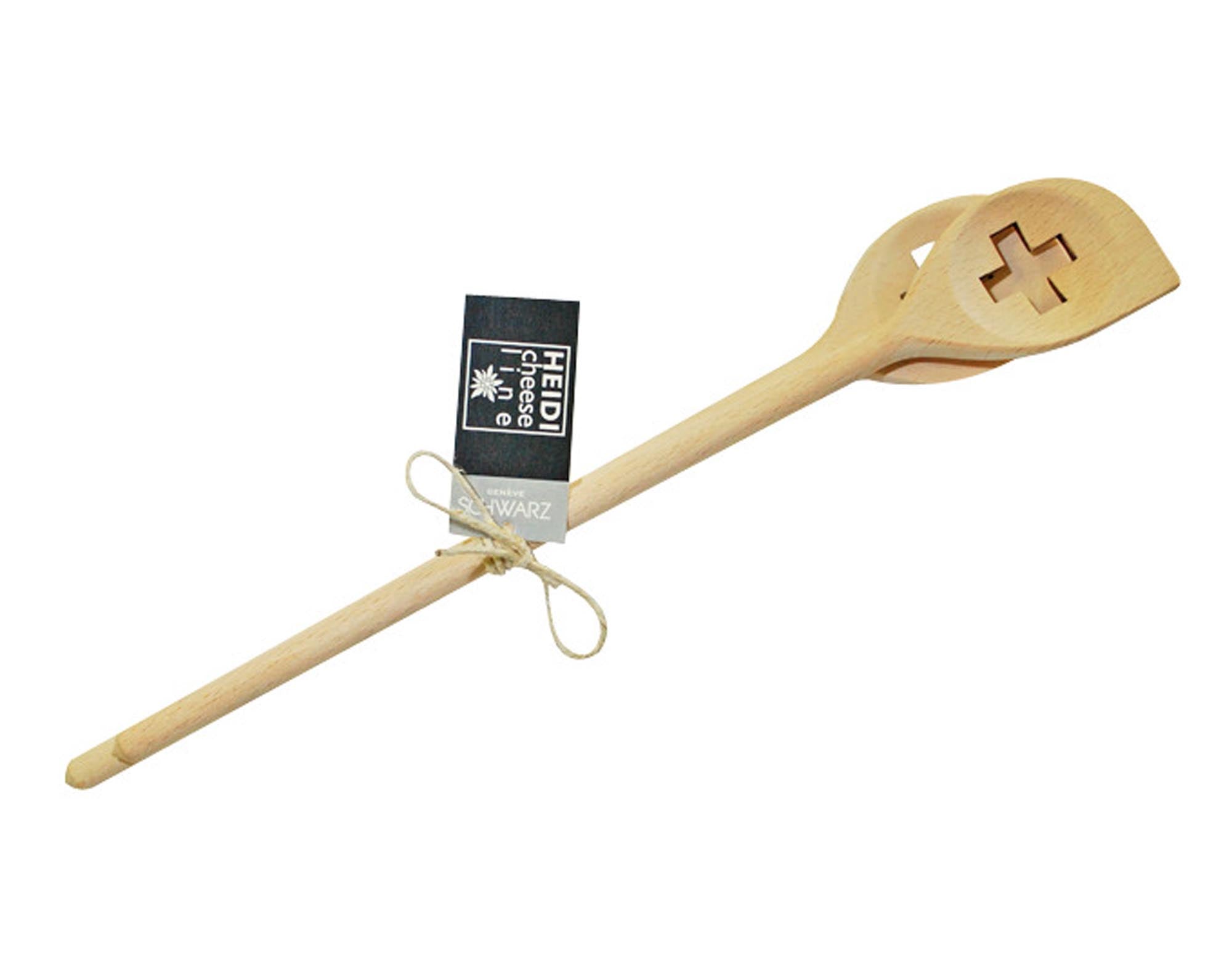 Stilvolle, hitzebeständige Lochkellen aus Holz mit ergonomischem Design und kreuzförmigen Löchern für präzises Servieren.
