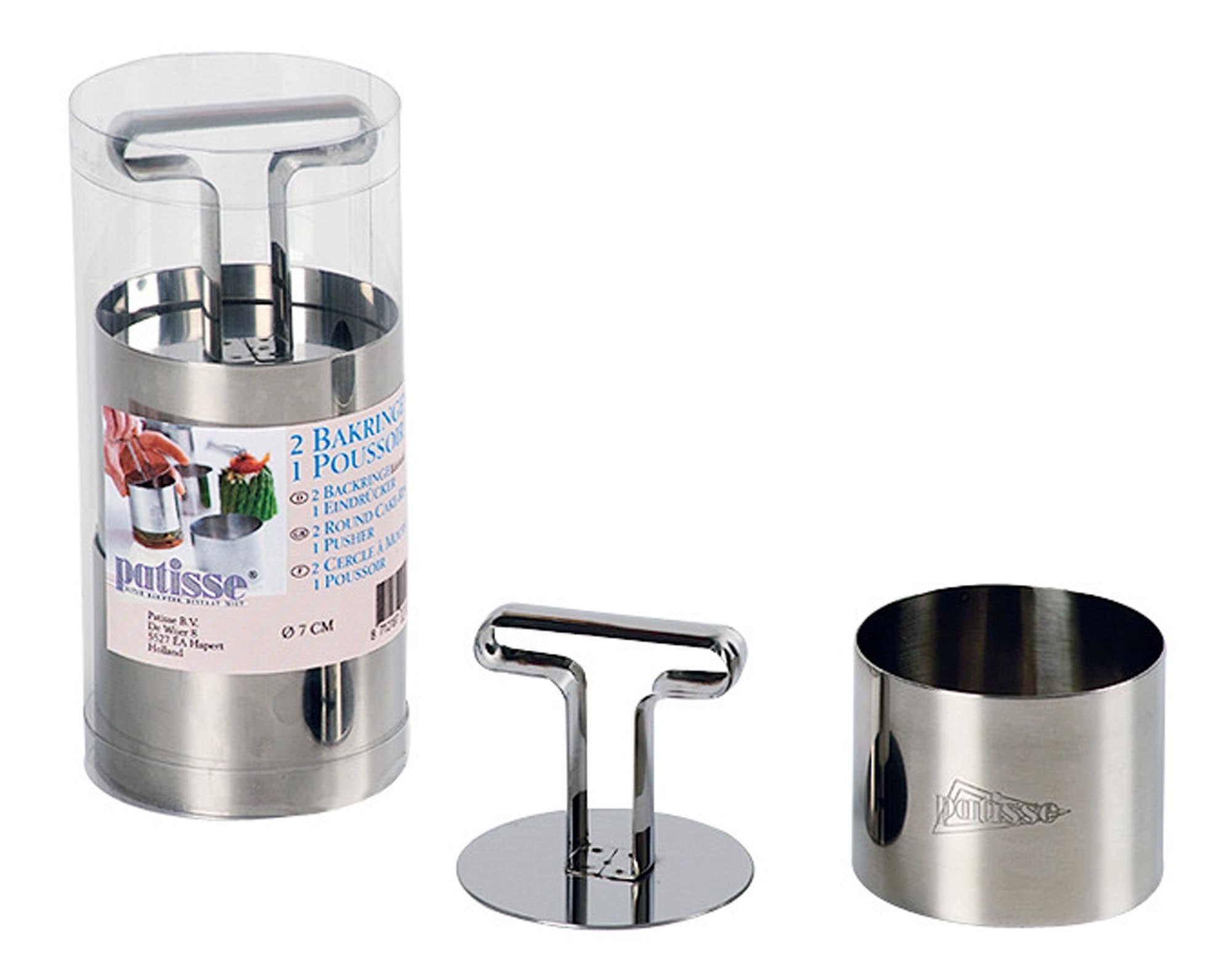 Eleganter Servierring aus Edelstahl für perfekte Portionen. Ideal für Desserts, Vorspeisen und Beilagen. Set mit 2 Ringen und Stössel.