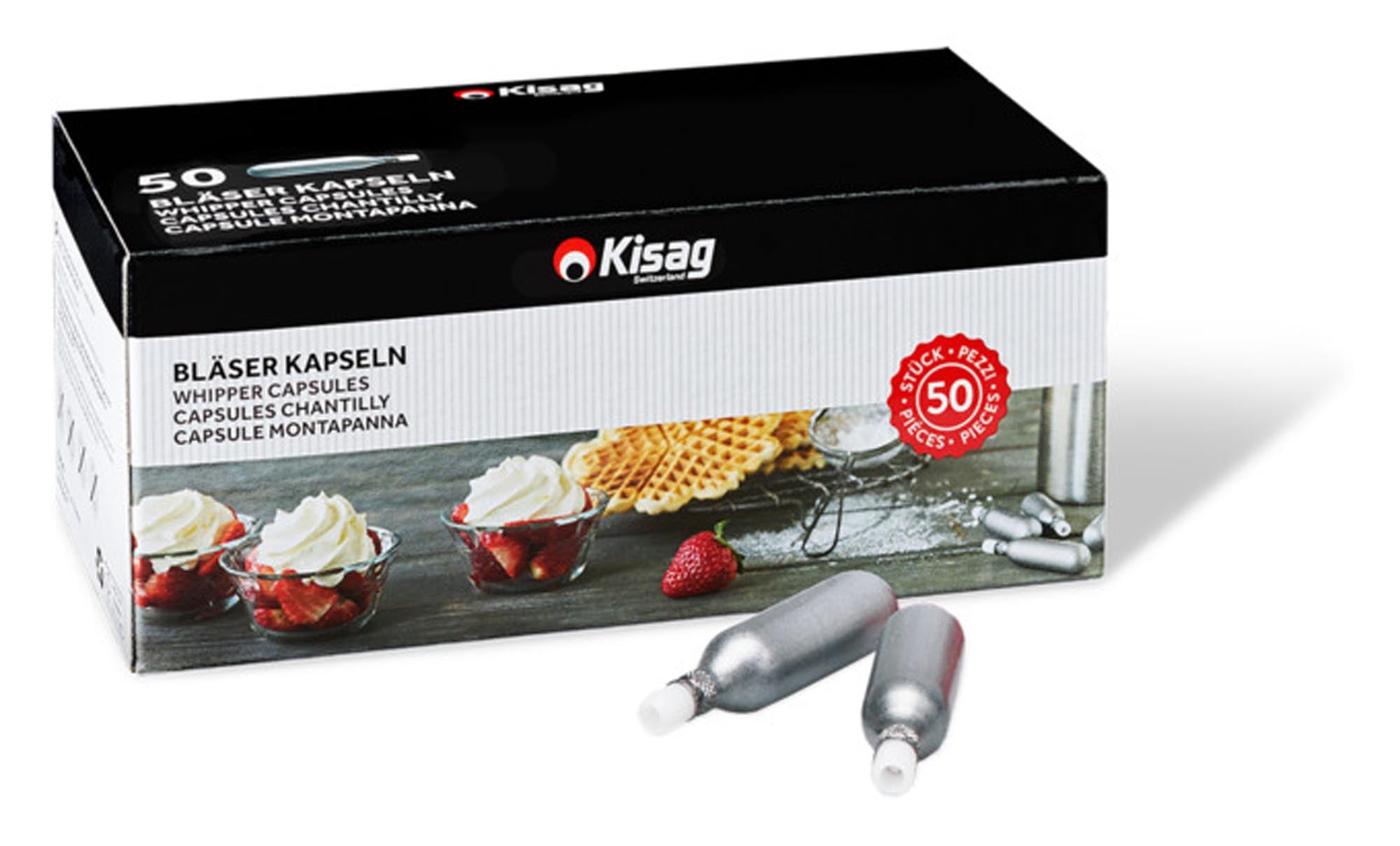 KISAG N2O Kapseln: 50 Stück für perfekte Sahne. Robuste Stahlkapseln, ideal für Desserts und Kaffee. Unverzichtbar in jeder Küche.