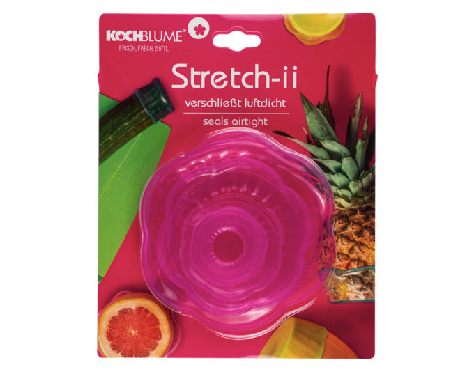 Praktische pinke Stretch-Abdeckhauben von KOCHBLUME im 4er Set, ideal für Schüsseln und Behälter mit Ø 4-10,5 cm.