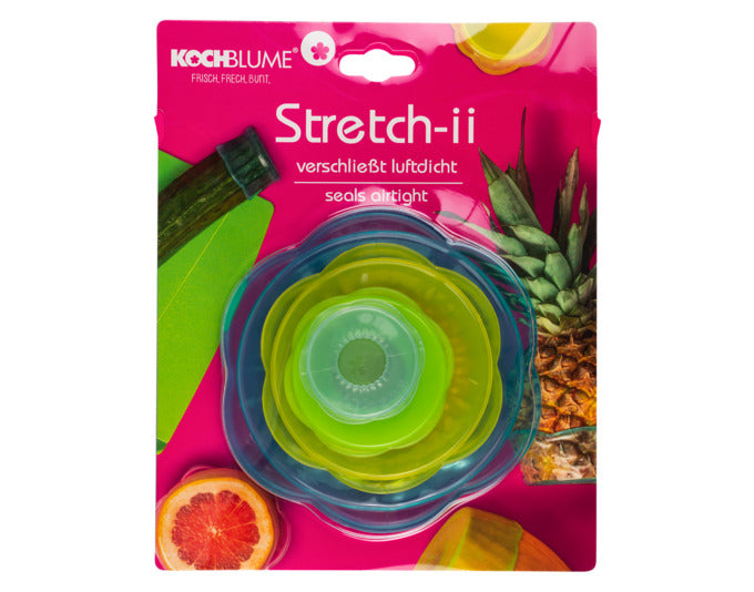 Praktische KOCHBLUME Stretch-ii Abdeckhauben im 4er Set, flexibel und bunt, ideal für Schüsseln und Behälter in verschiedenen Größen.