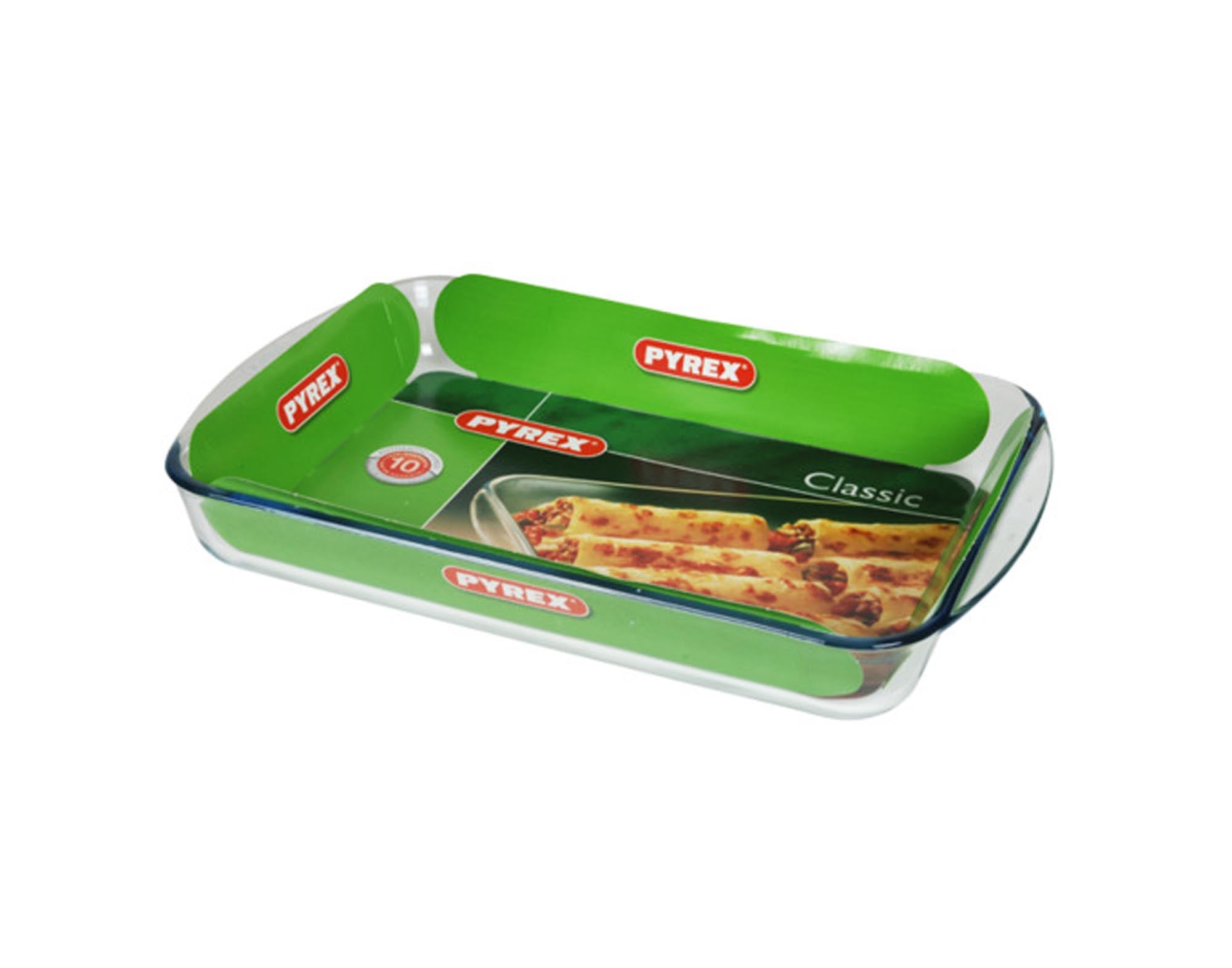Robuste PYREX Lasagneform aus Borosilikatglas, 40x27 cm, ideal für große Aufläufe, spülmaschinenfest, hitzebeständig, geschmacksneutral.