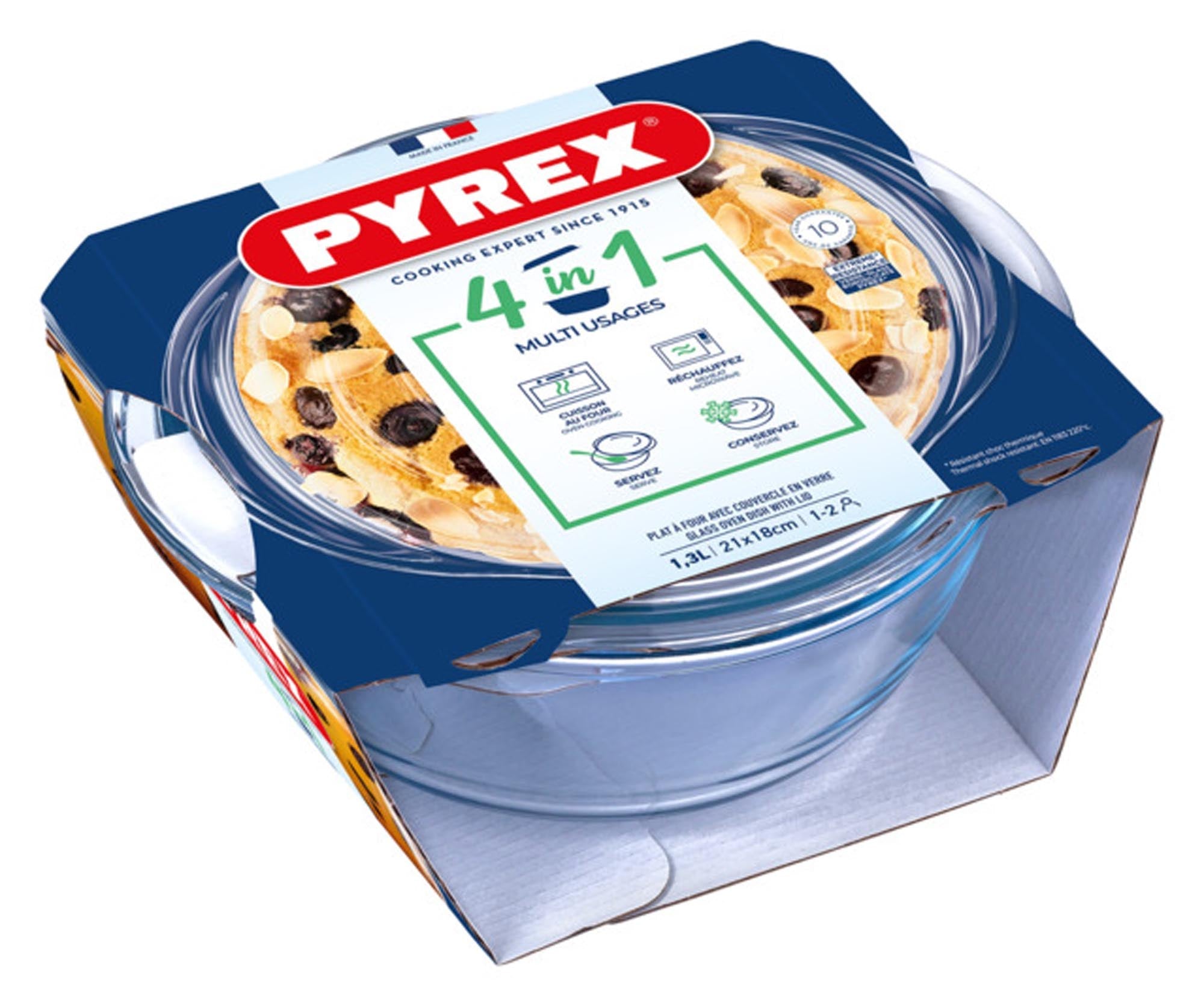 Runde PYREX Kasserolle 1.3 l mit Deckel – perfekt für Aufläufe.