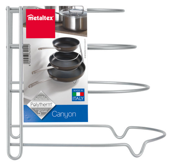 Praktischer METALTEX Bratpfannenständer Canyon in Silber, ideal zur platzsparenden Aufbewahrung von Pfannen in der Küche.