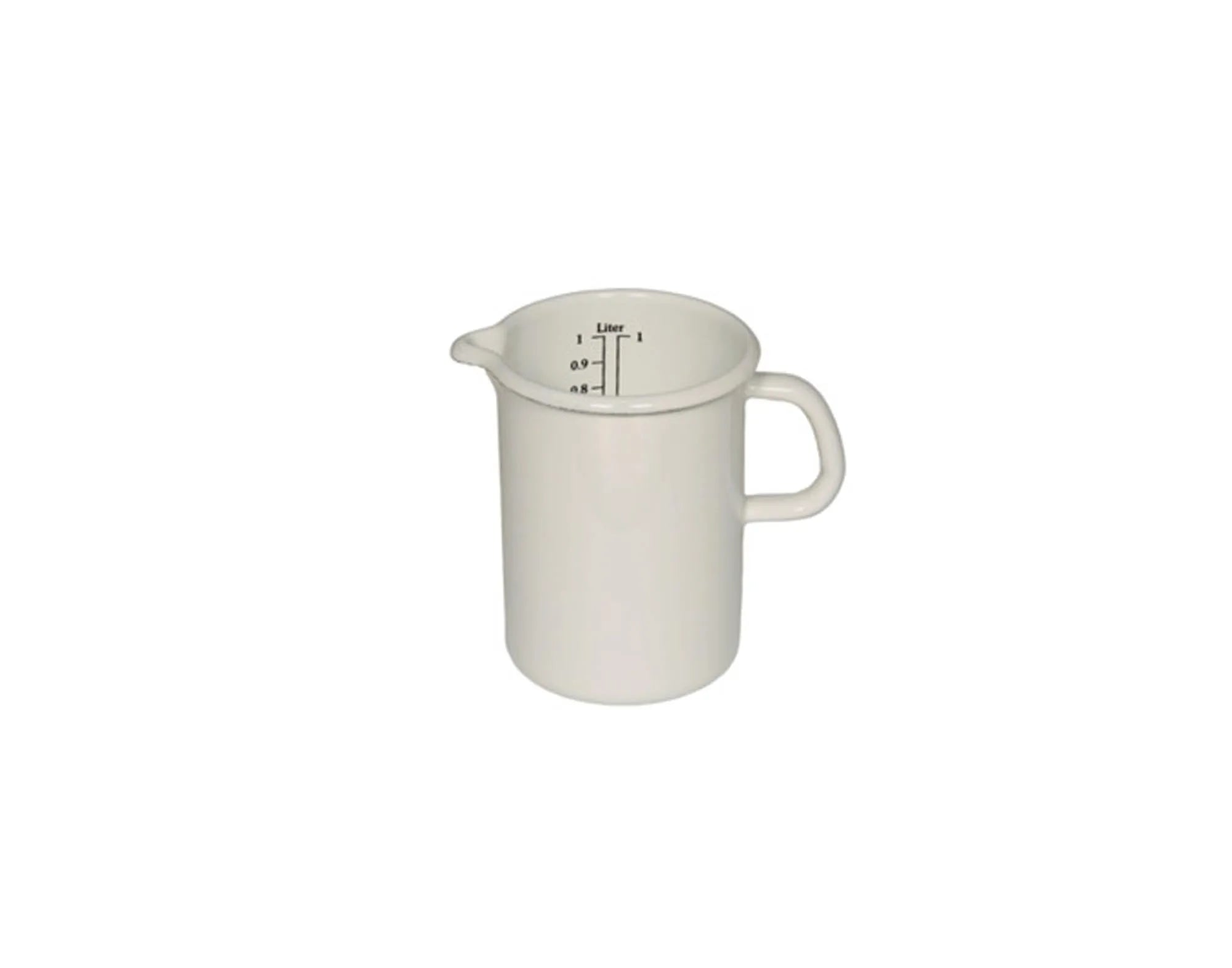Hochwertiger 1.0 l Emaille-Messbecher von RIESS: robust, kratzfest, hygienisch, ideal zum präzisen Abmessen und Erhitzen.