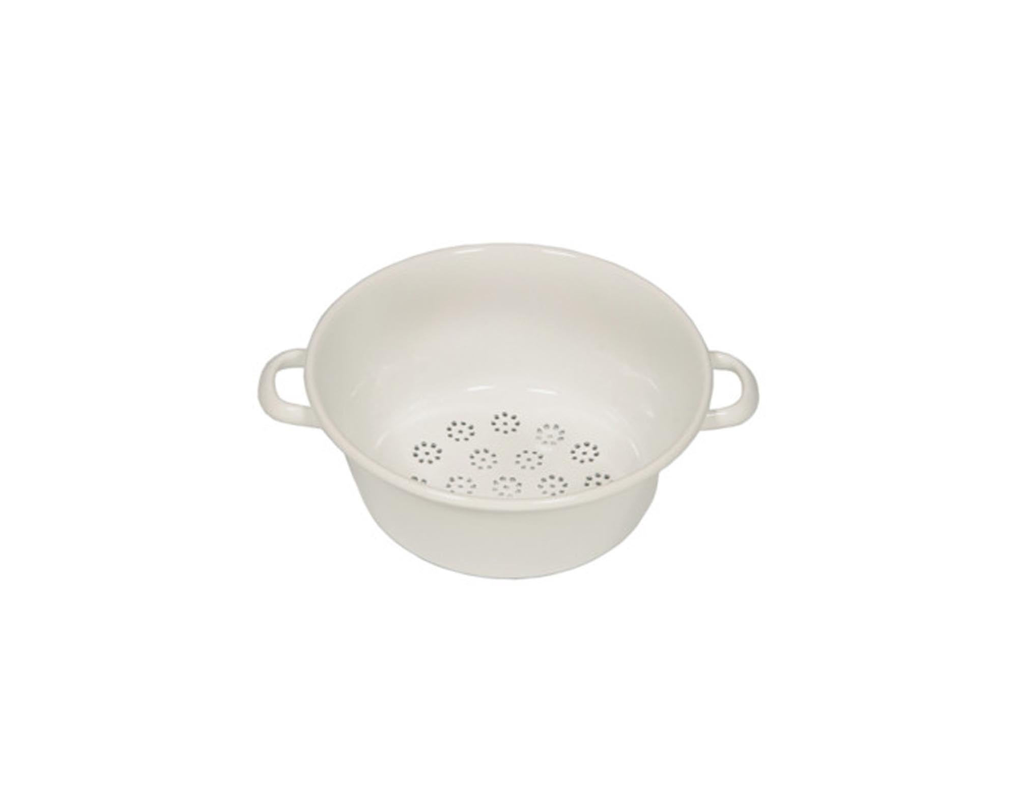 Robustes Gemüsesieb aus emailliertem Stahl, ø 26 cm, ideal für Gemüse, Salat & Pasta. Ergonomisch, spülmaschinenfest.