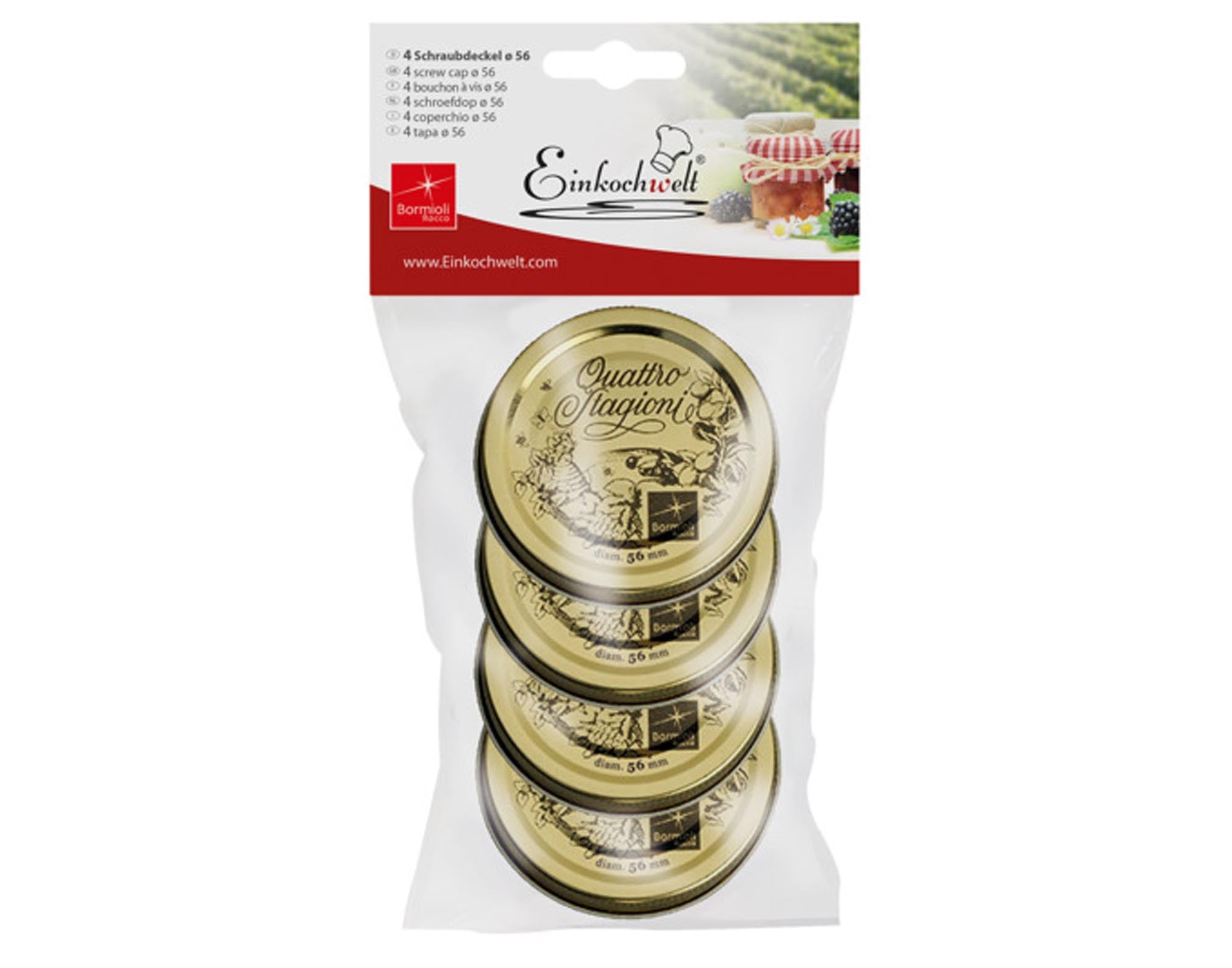 Hochwertige Quattro Stagioni Deckel ø 56 mm von EINKOCHWELT: Ideal für Marmeladen, Chutneys & mehr. Langlebig, rostfrei, stilvoll.