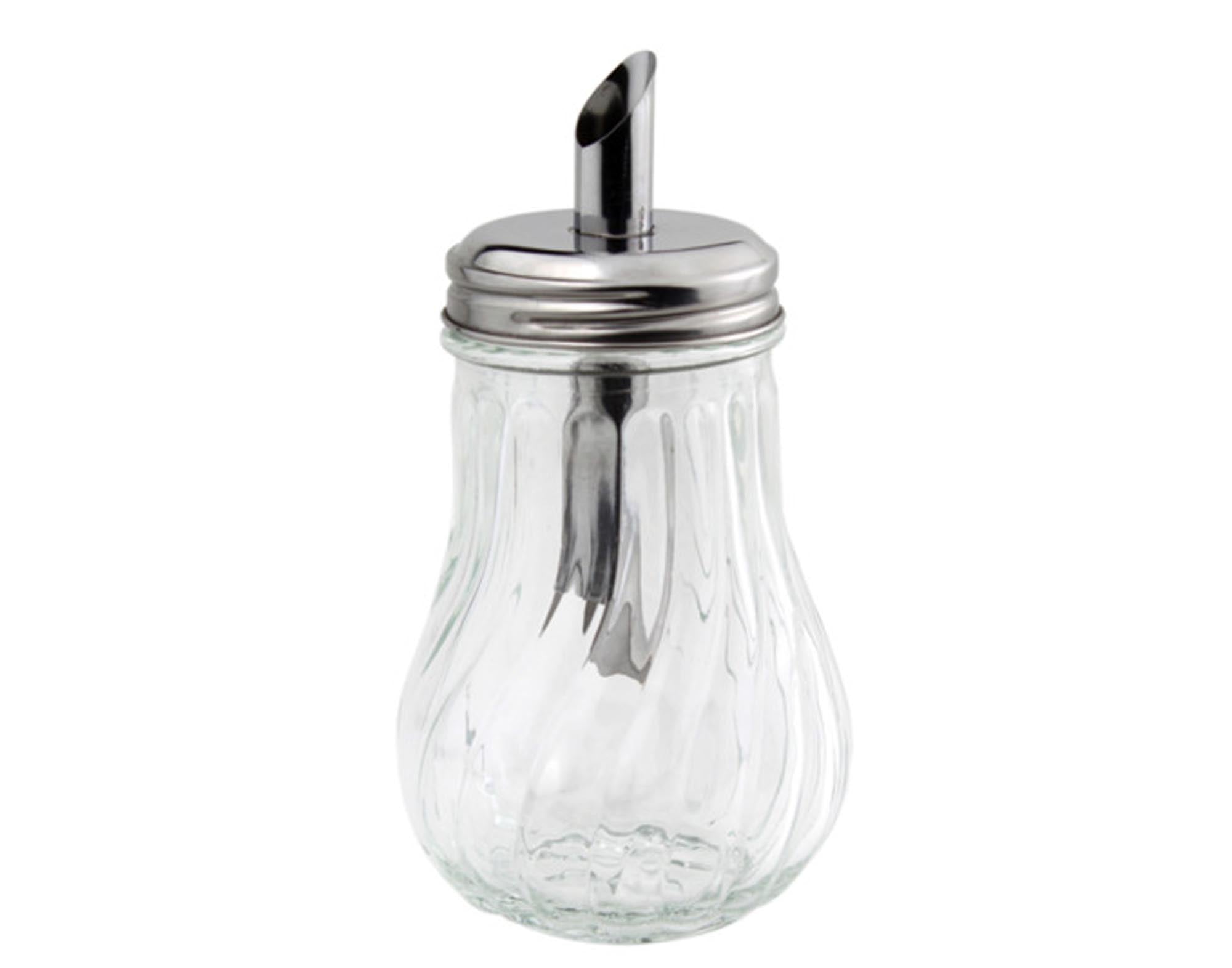 Eleganter Zuckerstreuer aus Glas und Edelstahl, 14 cm hoch, hygienisch, leicht zu reinigen, ideal für Küche und Esstisch.