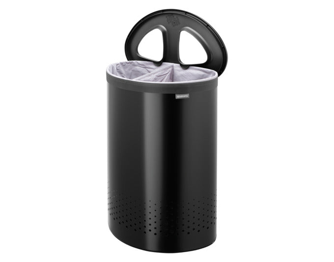 Elegante BRABANTIA Wäschebox in mattem Schwarz, 55 l Fassungsvermögen, mit praktischem Deckel und Selector für einfache Wäschetrennung.