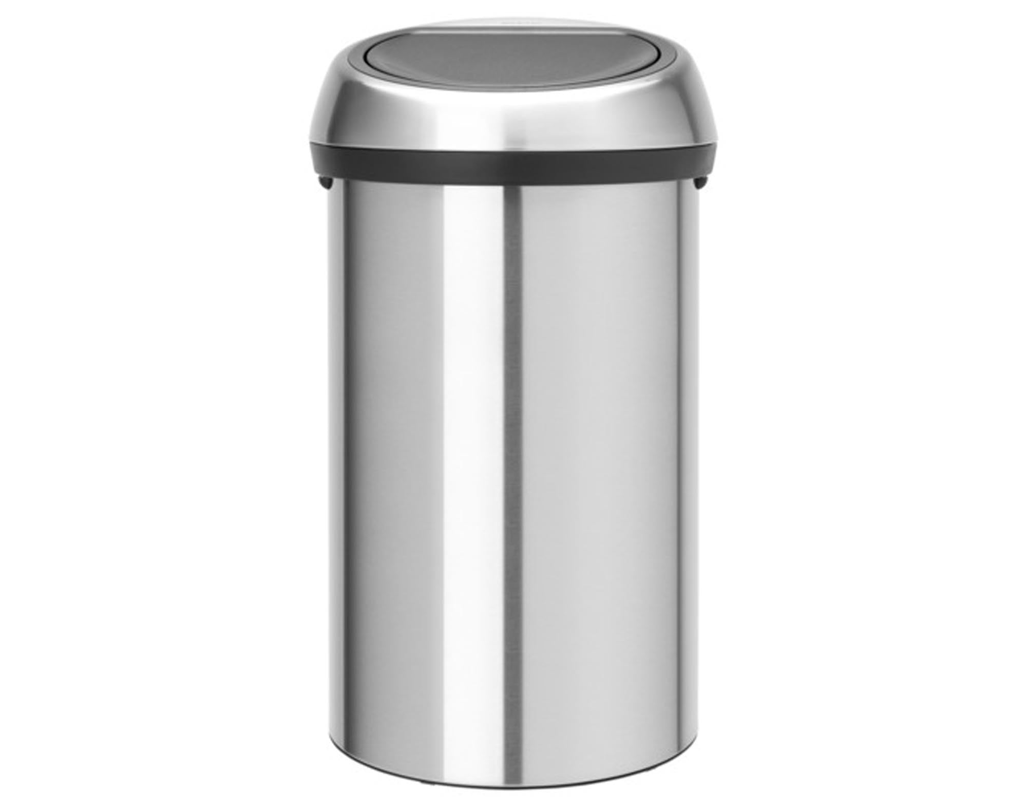 Eleganter 60L Abfallbehälter von BRABANTIA mit Touch-Öffnung, mattem Stahl-Finish und geräuschloser Dämpfung.