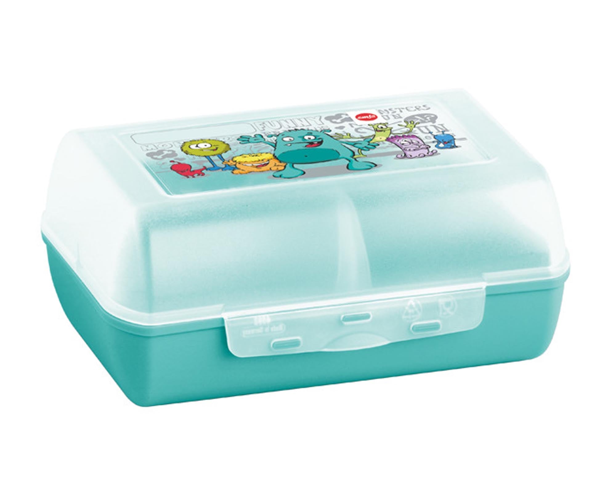 Bunte EMSA Lunchbox mit Monster-Design, BPA-frei, robust, spülmaschinenfest, ideal für Kinder, 16,5x11,5x7,5 cm, sicherer Clip-Verschluss.