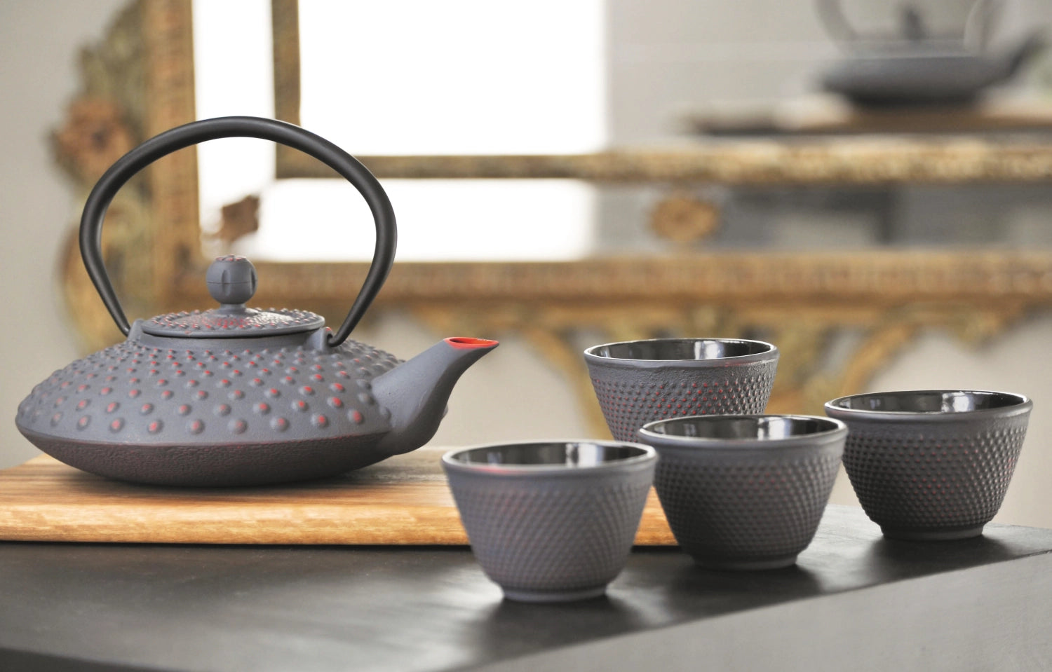 Déchange de thé avec 4 verres, 800 ml, fonte, gris