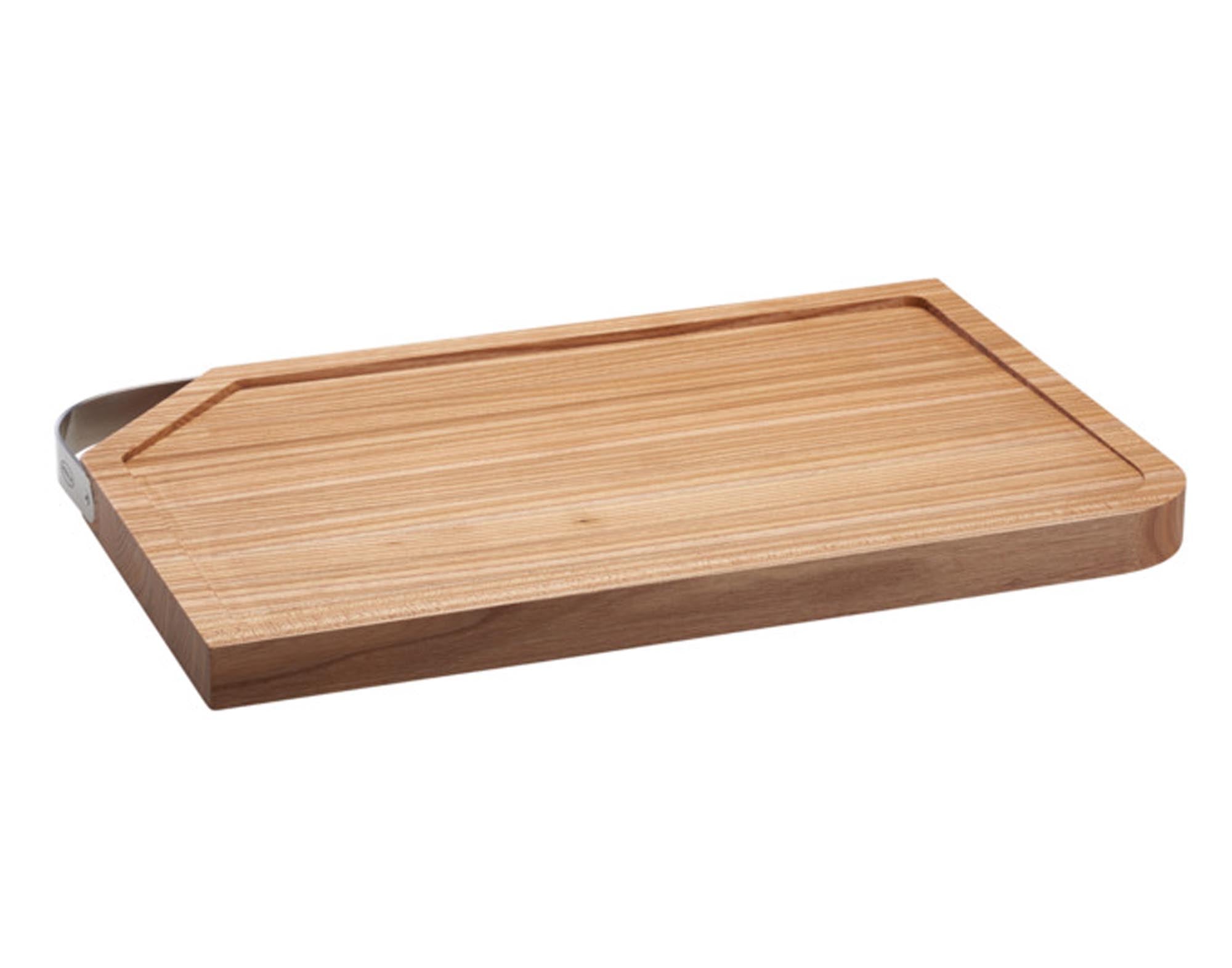 Elegantes RÖSLE Schneidbrett aus robustem Ulmenholz (48x32x3 cm) mit Inoxgriff, ideal für Messer, Gemüse und Fleisch.