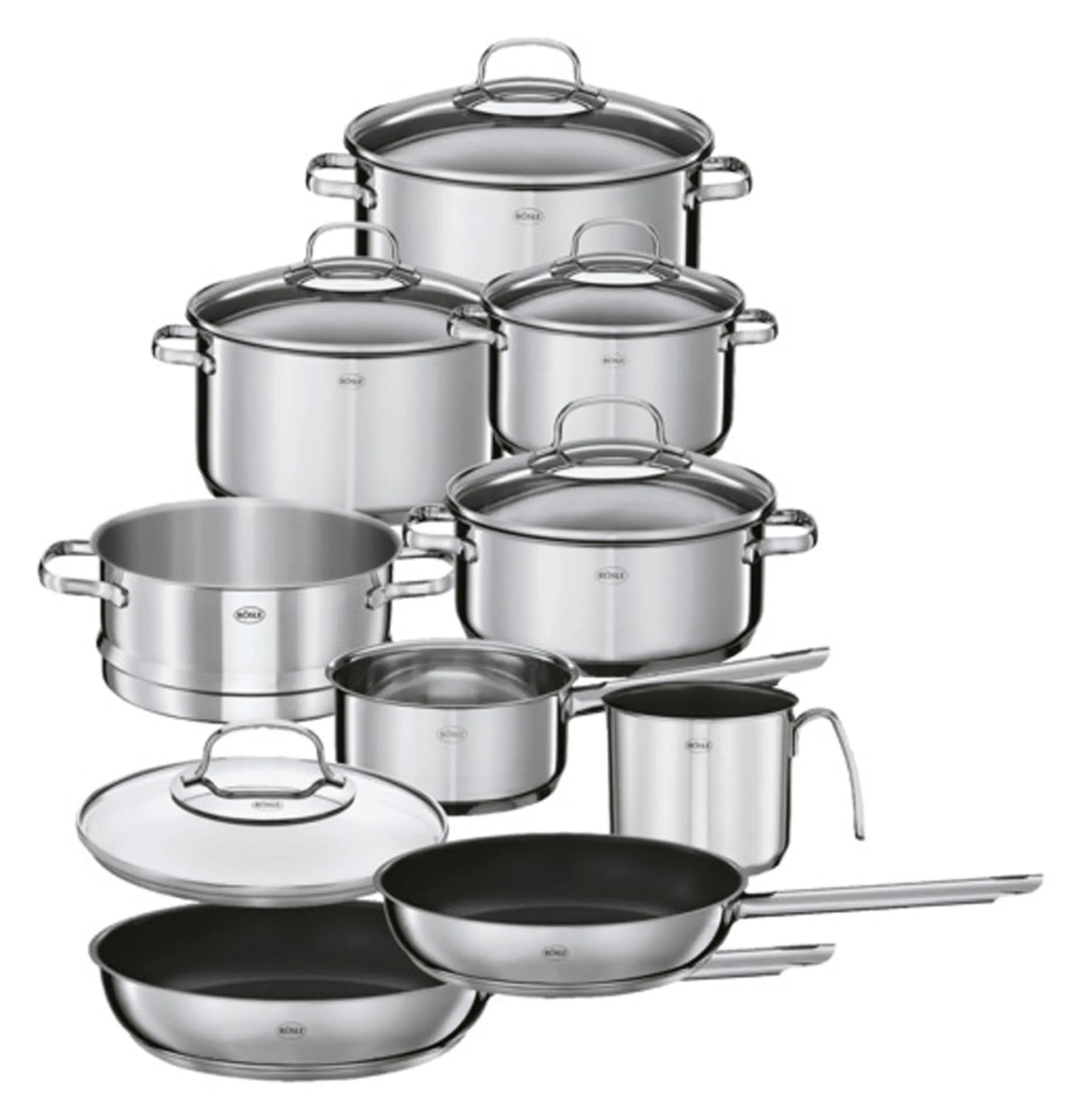 Das RÖSLE Topfset Elegance: 10-teilig, Edelstahl, Glasdeckel, ergonomische Griffe, induktionsgeeignet, spülmaschinenfest.
