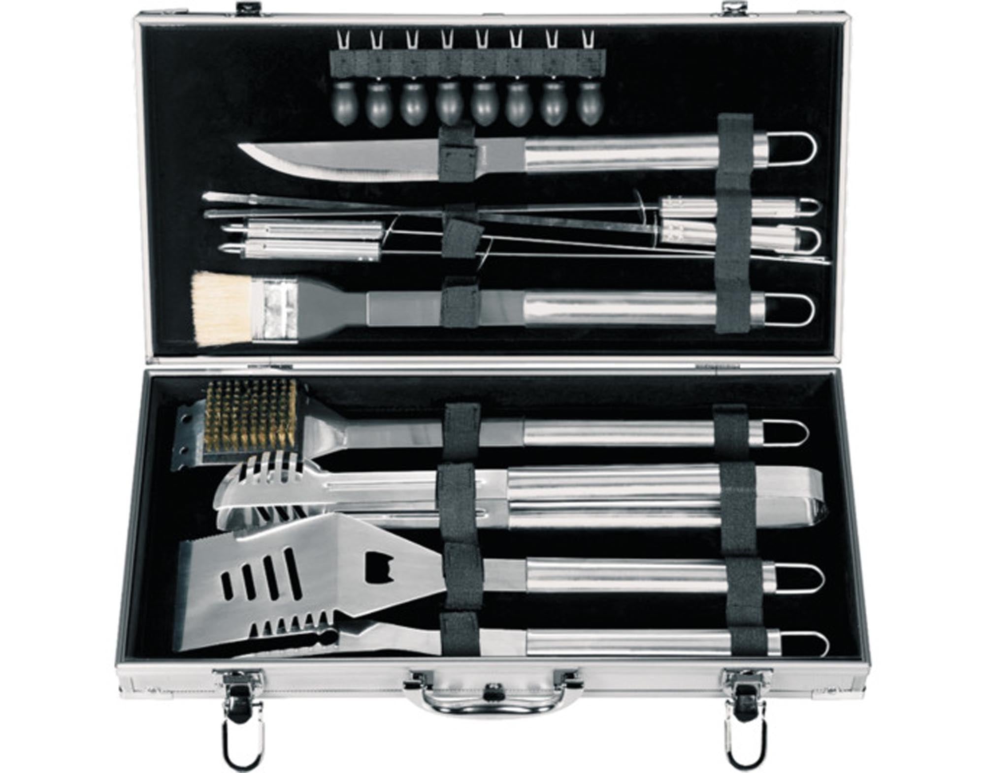18-teiliges Grillset von LEOPOLD: Hochwertige Edelstahl-Werkzeuge im robusten Koffer für Grillfans, ideal für Garten und Camping.