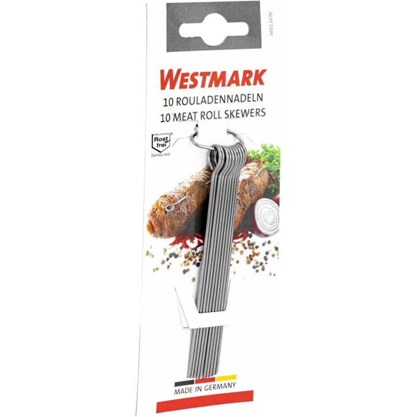 10 Edelstahl-Rouladennadeln von Westmark, perfekt für Rouladen, langlebig, spülmaschinengeeignet, Maße: 10x0.3x0.3cm.
