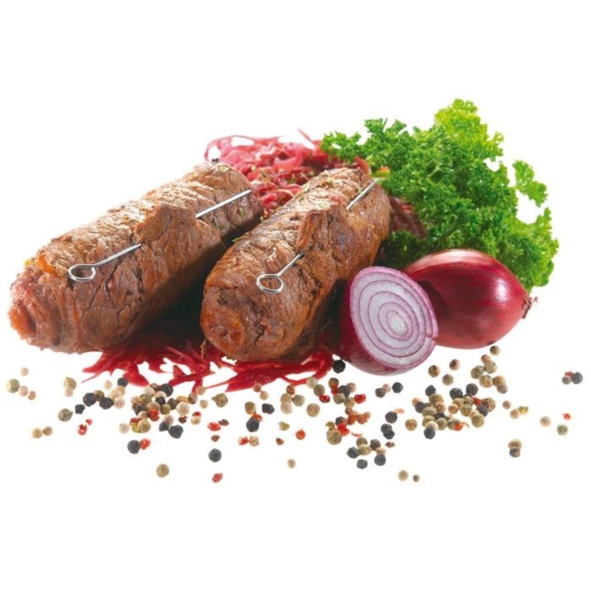 Set mit 10 robusten Edelstahl-Rouladennadeln von Westmark, ideal für Rouladen, langlebig, spülmaschinenfest, Maße: 10x0.3x0.3cm.
