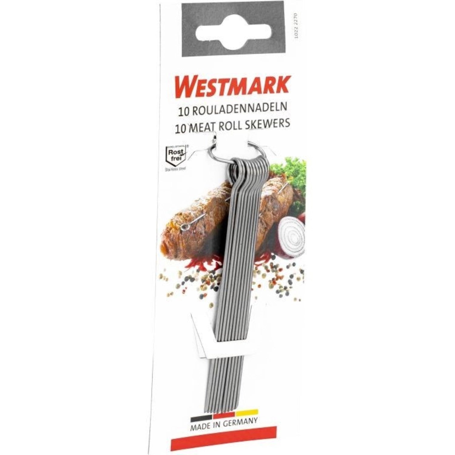 Set aus 10 robusten Rouladennadeln aus Edelstahl, ideal zum Sichern von Fleisch und Rouladen beim Grillen. Maße: 10x0.3x0.3cm.