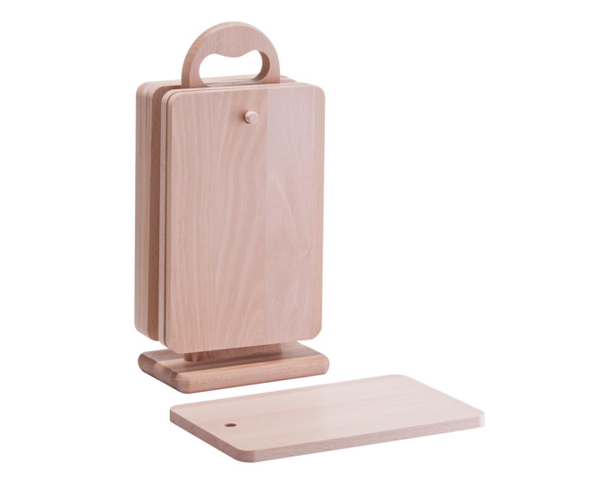 Elegantes 7-teiliges Brettchenset aus Buchenholz mit Ständer, ideal für Snacks und Beilagen. Robust, hygienisch und platzsparend.