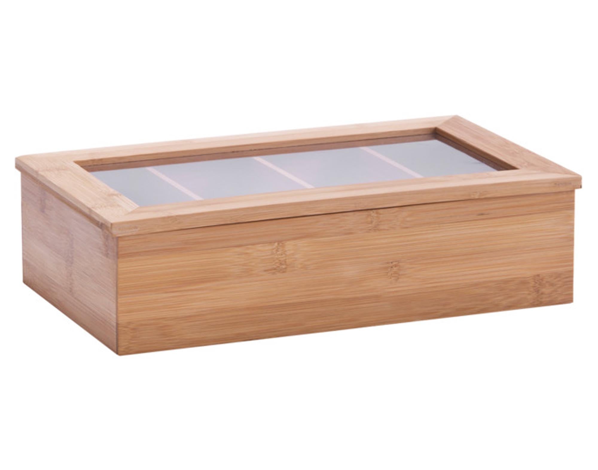 Stilvolle Teebeutelbox aus nachhaltigem Bambus, 33.5x20x9 cm, für ordentliche Teesammlung in Küche oder Wohnzimmer.