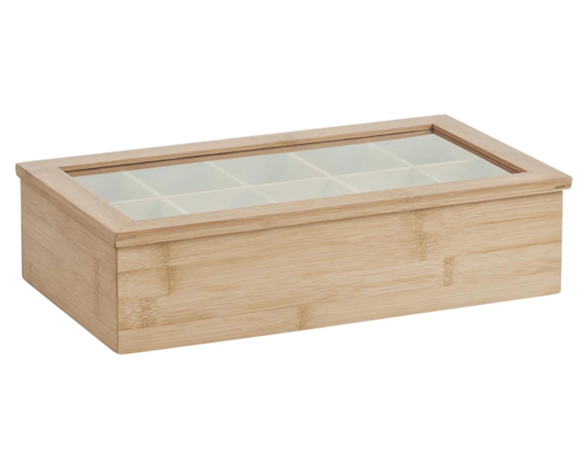Stilvolle Teebeutelbox aus nachhaltigem Bambus, 36x20x9 cm, mit transparentem Deckel für einfache Übersicht. Ideal für Teeliebhaber.