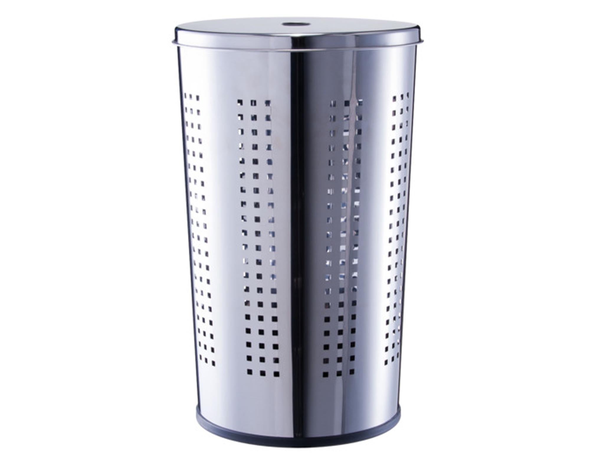 Eleganter Wäschesammler aus rostfreiem Edelstahl, 60L Volumen, mit Deckel und abnehmbarem Innenbeutel für stilvolle Wäschetrennung.