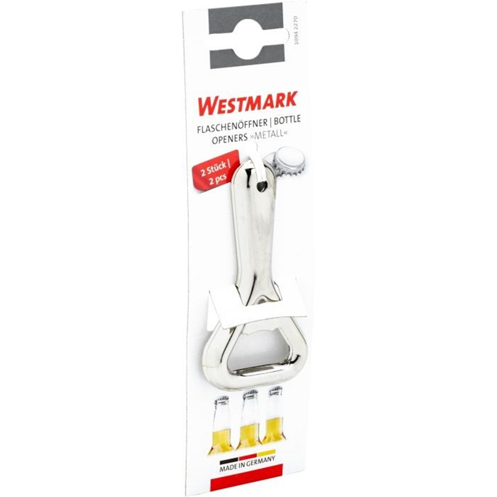 Robuster Metall-Flaschenöffner von Westmark, kompakt und langlebig, Maße: 8x4x0.5cm, ideal für den täglichen Gebrauch.
