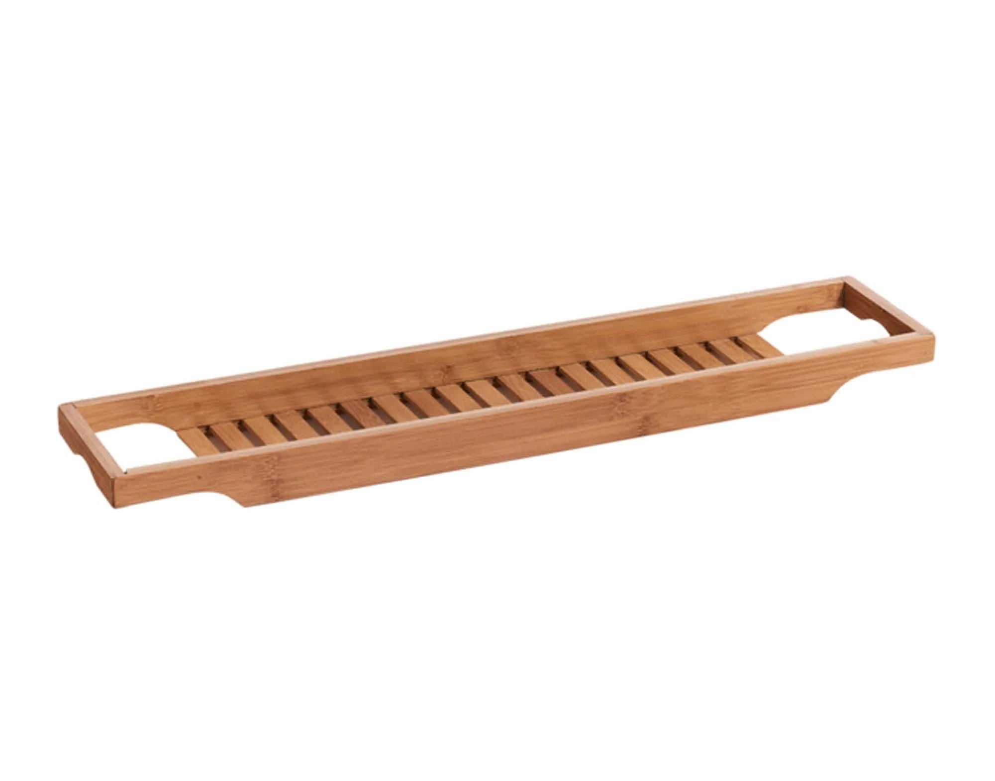 Elegante Badewannenablage aus Bambus, 70x14.3x4.5 cm, bietet Platz für Badutensilien. Wasserabweisend, robust und stilvoll.