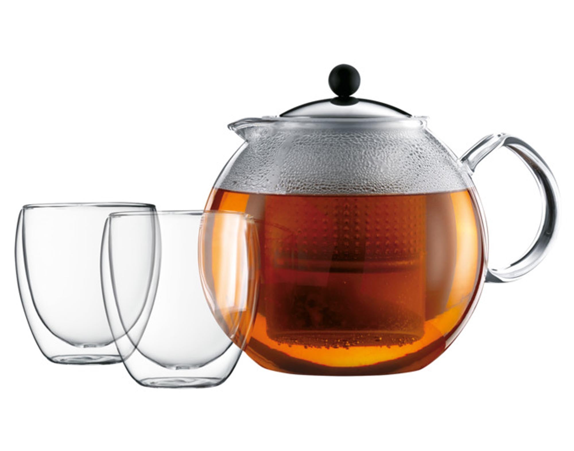 Elegante BODUM Teekanne Assam 1,5 l mit doppelwandigen Gläsern: stilvoll, hitzebeständig, ideal für Teegenuss.