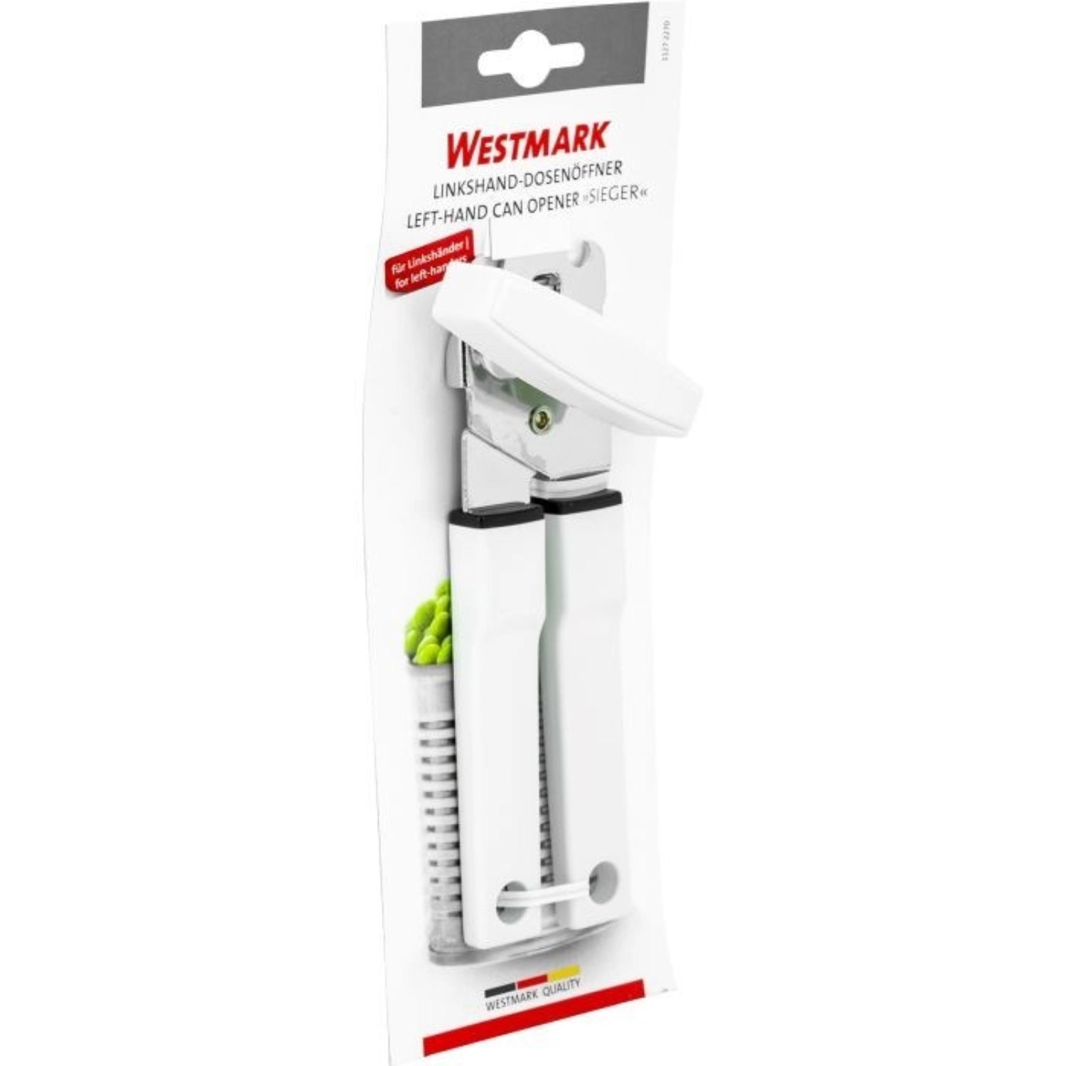 Praktischer Zangendosenöffner für Linkshänder von Westmark, ermöglicht einfaches Öffnen von Dosen. Kompakte Maße: 17.5x4.5x4.5cm, benutzerfreundlich.