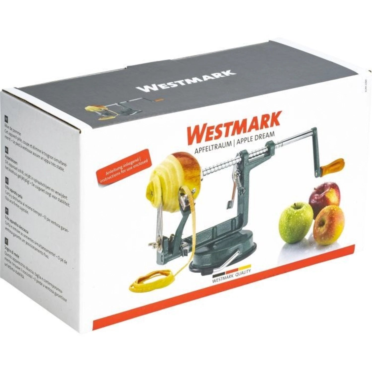 Praktische Apfelschälmaschine Apfeltraum von Westmark mit Saugfuß, perfekt für müheloses Schälen von Äpfeln in der heimischen Küche.