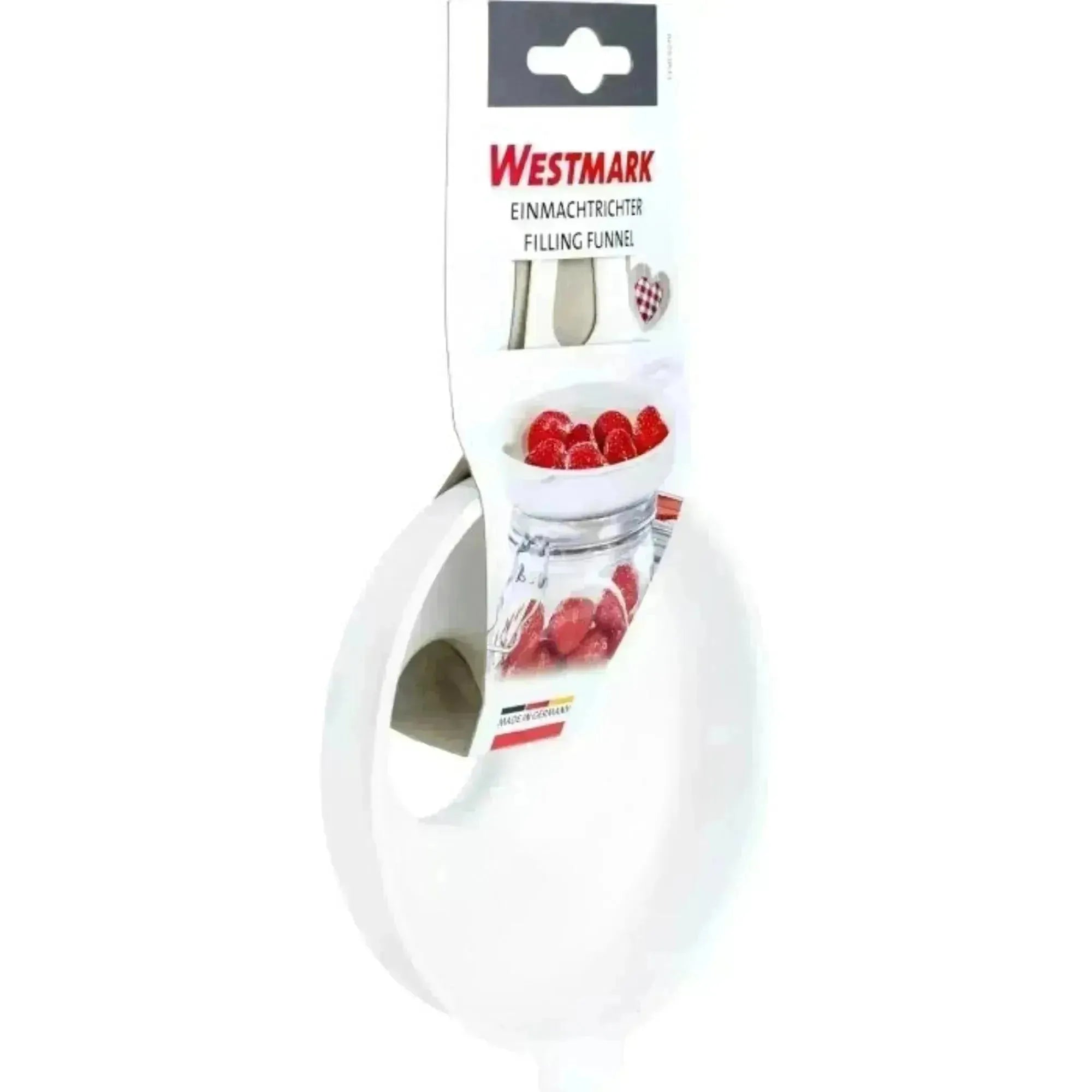 Hochwertiger Einmachtrichter von Westmark, perfekt für präzises Abfüllen. Maße: Ø12,5 cm oben, Ø3,7 cm unten, 20x13x5 cm.