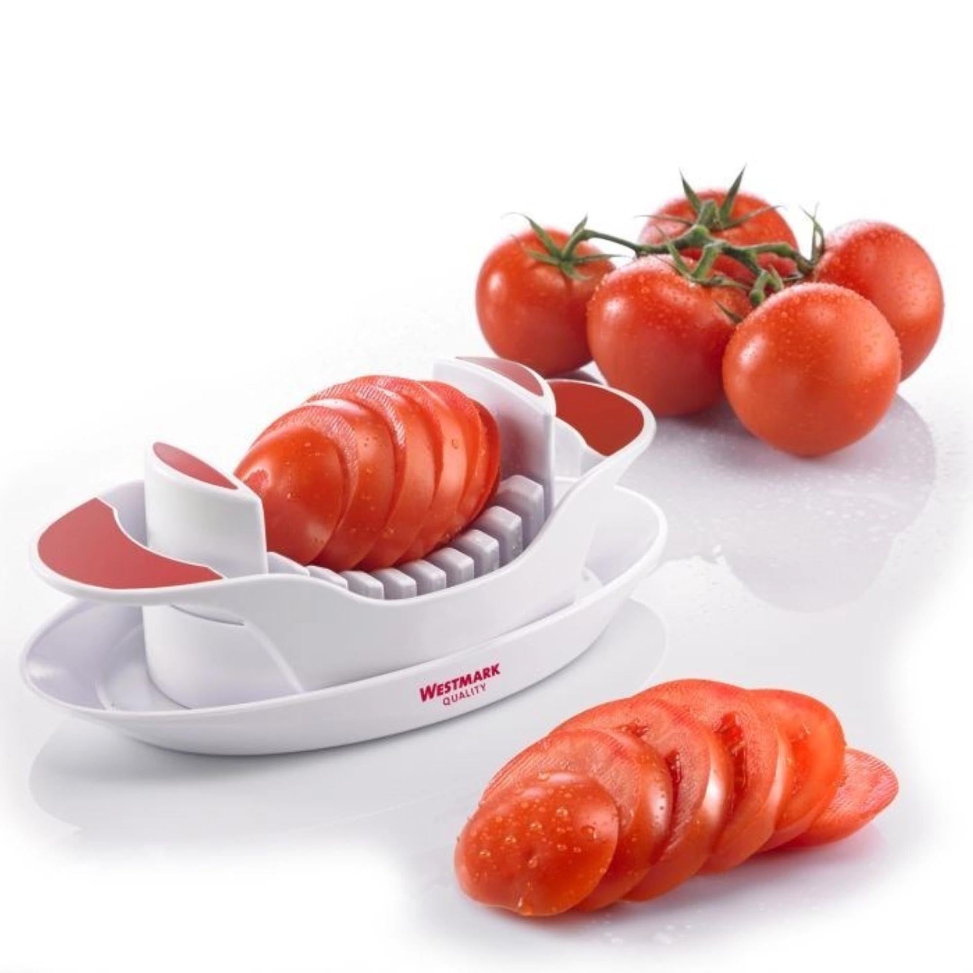 Praktischer Tomatenschneider von Westmark mit 8 gezahnten Klingen, ideal für präzise Scheiben, Masse: 21,7x11,5x7,2 cm.