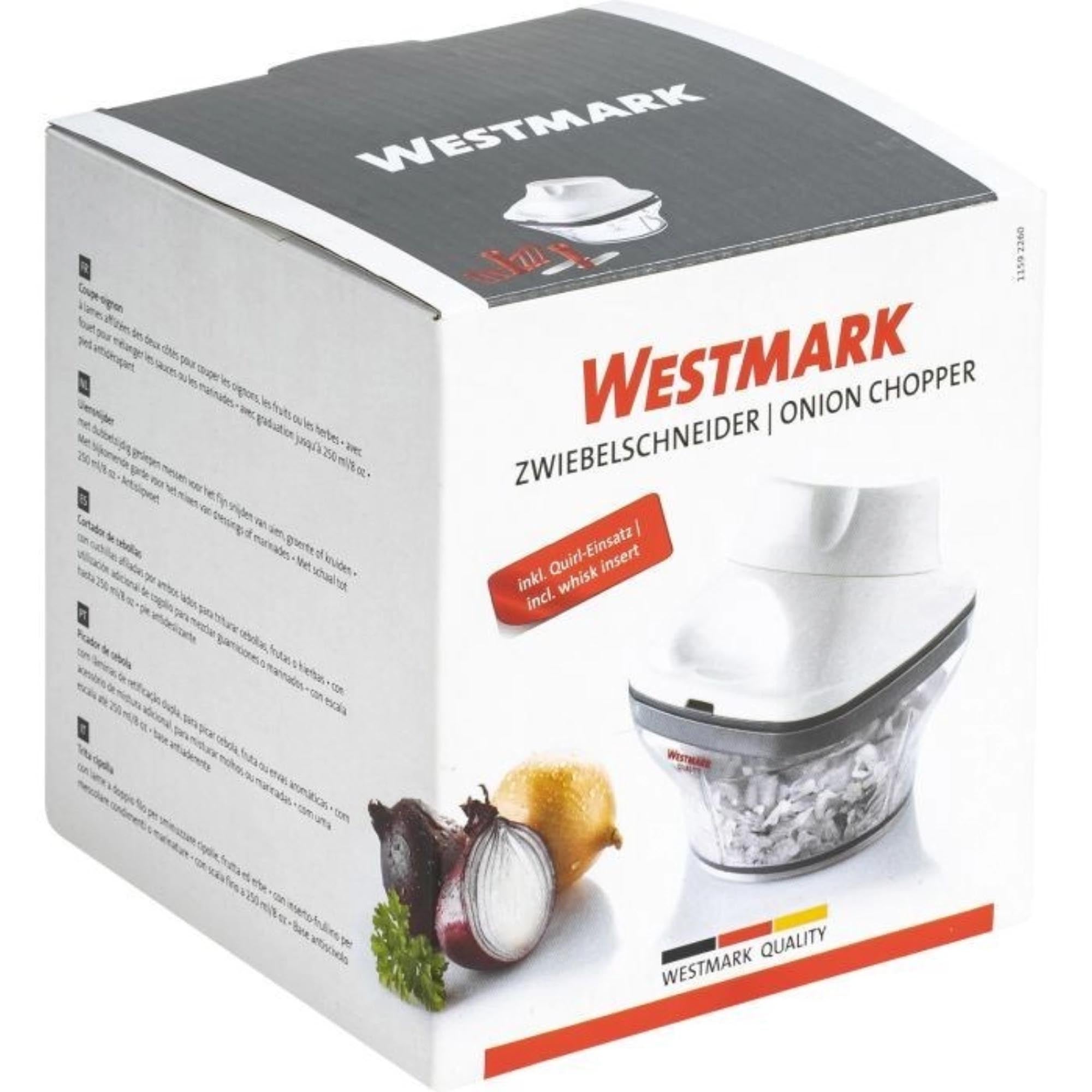 Kompakter Zwiebelschneider von Westmark mit Quirl-Einsatz, ideal für schnelles und sauberes Zerkleinern von Zwiebeln und anderen Zutaten.