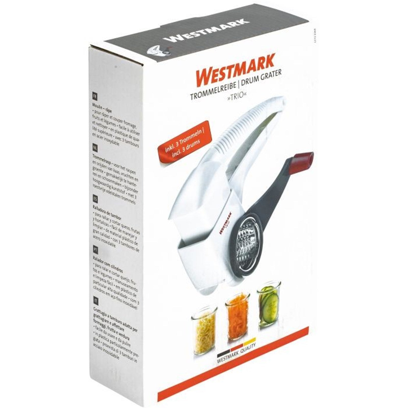 Praktische Trommelreibe Trio von Westmark, 19x10x6cm, ideal zum mühelosen Reiben von Lebensmitteln, kompakt und einfach zu handhaben.