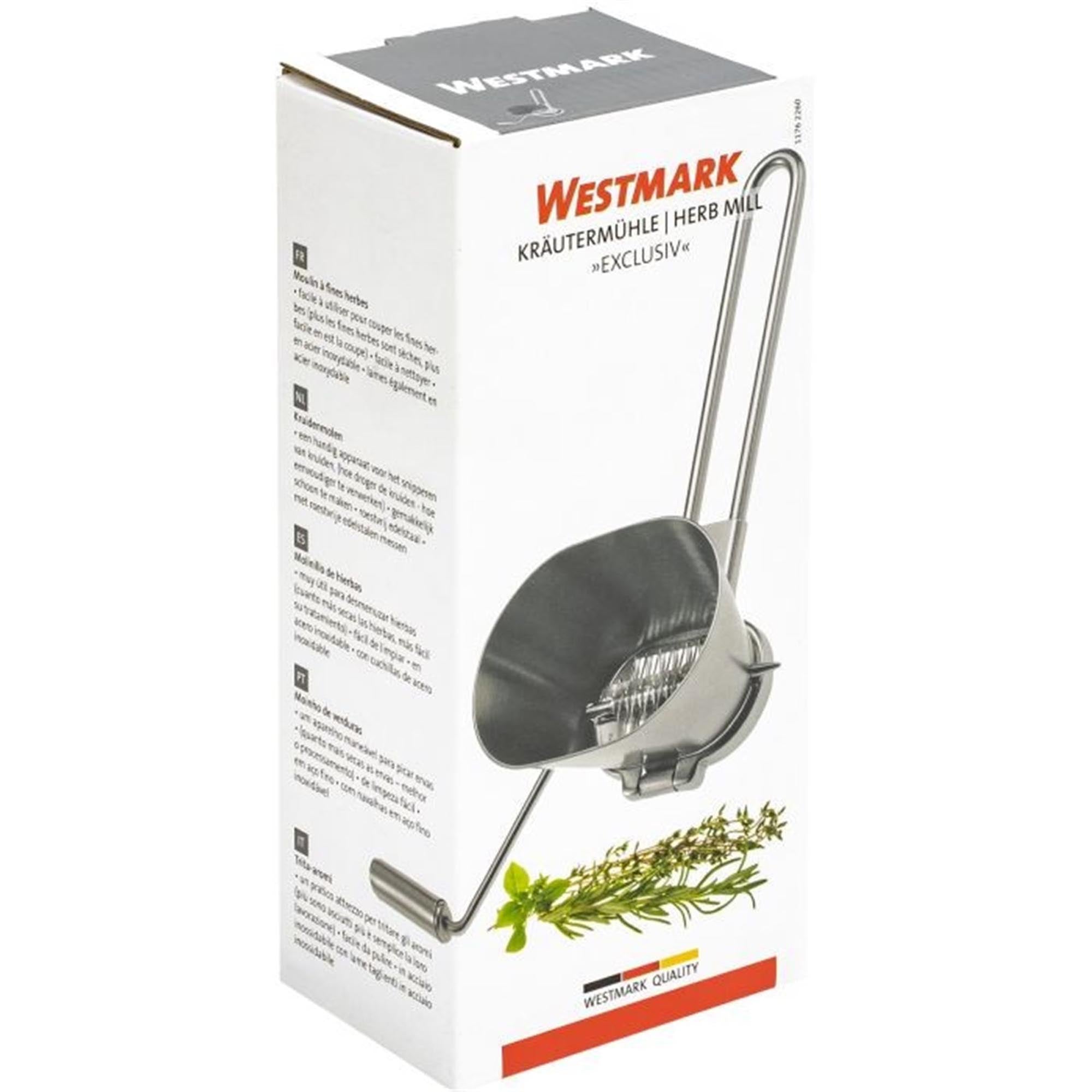 Hochwertige Edelstahl-Kräutermühle von Westmark, 20x8.8x5.6cm, ideal zum Zerkleinern frischer Kräuter in der Küche.