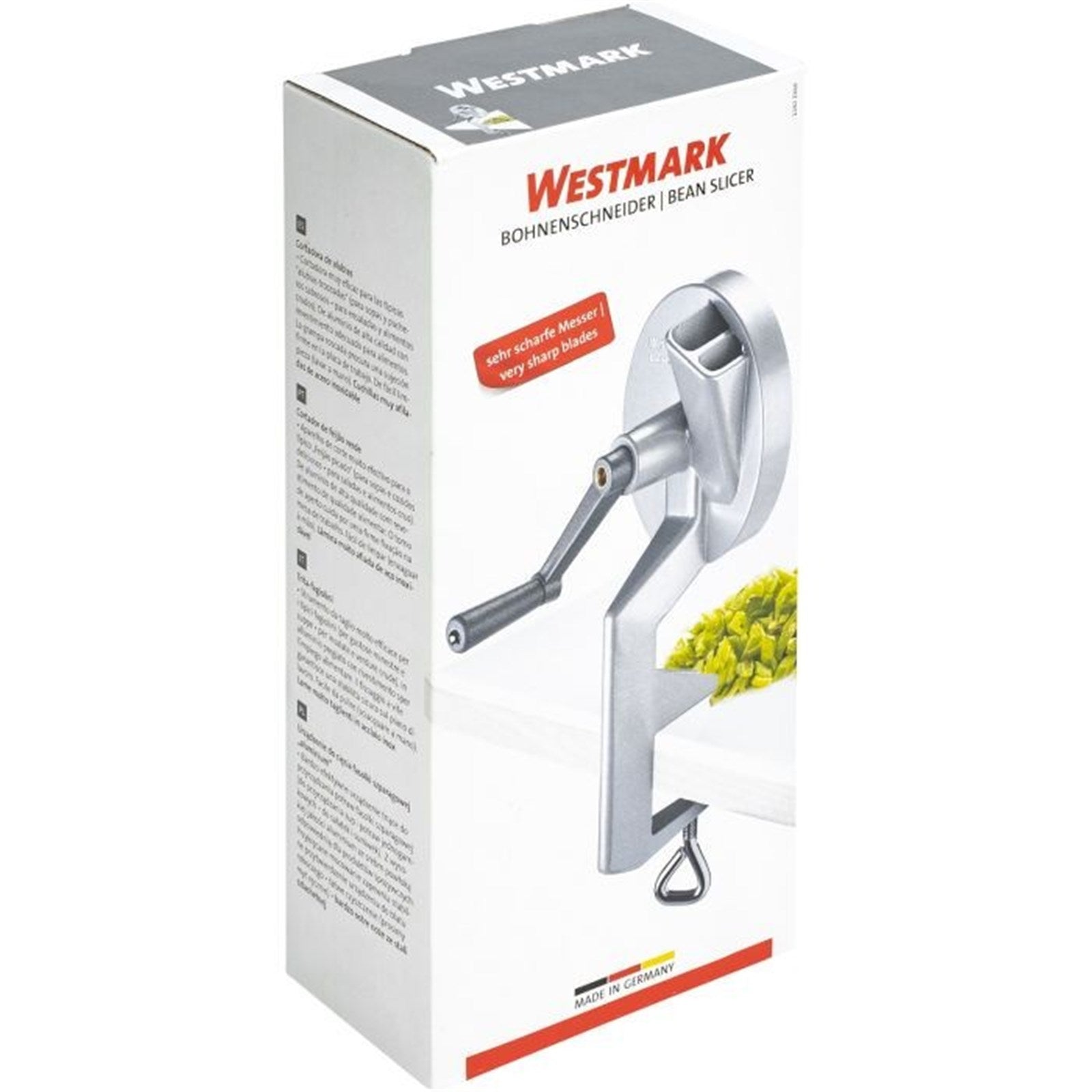 Hochwertiger Bohnenschneider aus Aluminium von Westmark, Maße 14x12x26cm, perfekt für effizientes Schneiden von frischen Bohnen.