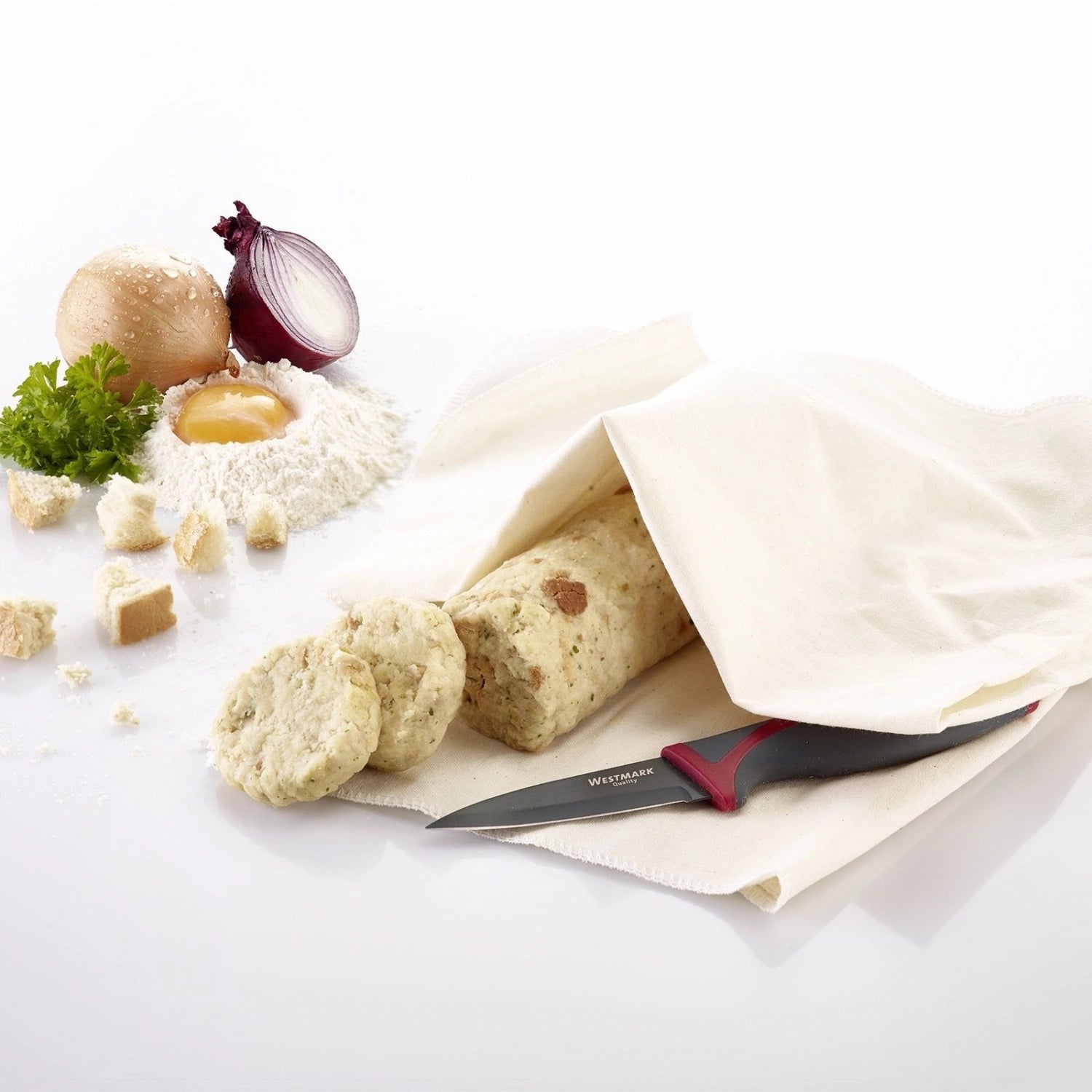 Vielseitiges 60x60cm Tuch von Westmark zum Abseihen, Passieren und Formen von Knödeln – ein unverzichtbarer Küchenhelfer für kreative Kochprojekte.