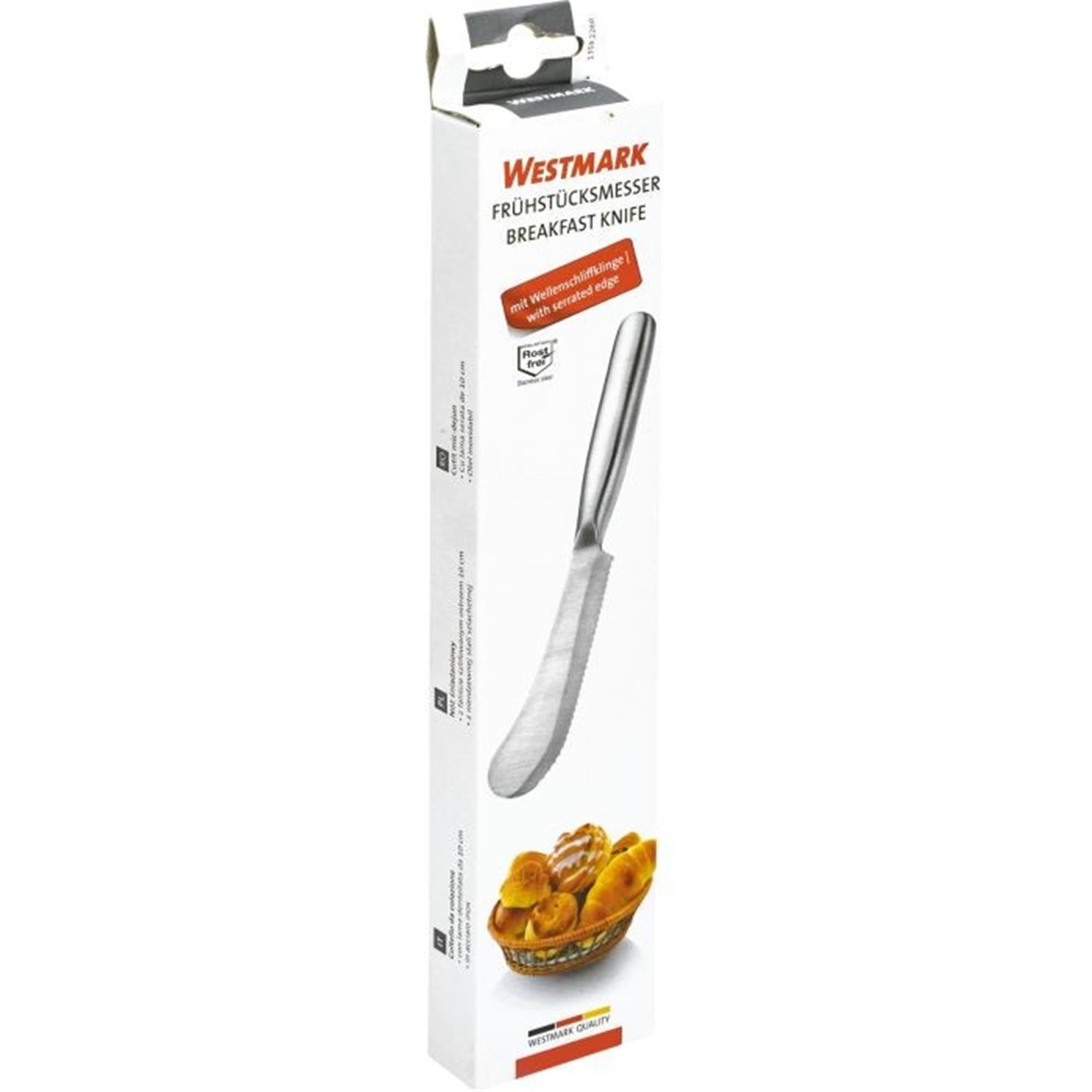 Praktisches Frühstücksmesser von Westmark mit 10 cm Wellenschliffklinge, ideal für Brot und Brötchen, Maße: 22x3.3x1.6 cm.