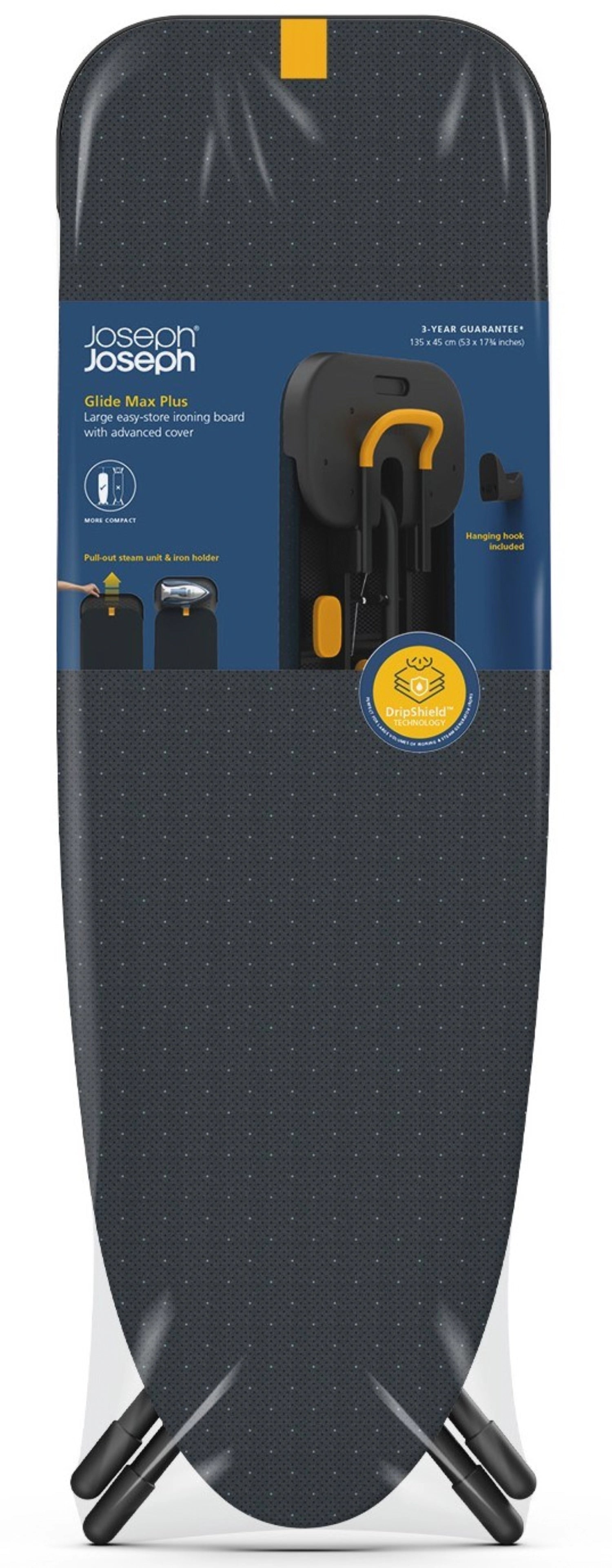 Elegantes Glide Max Plus Bügelbrett in Schwarz und Blau von Joseph Joseph, ideal für müheloses Bügeln und platzsparende Nutzung im Haushalt.