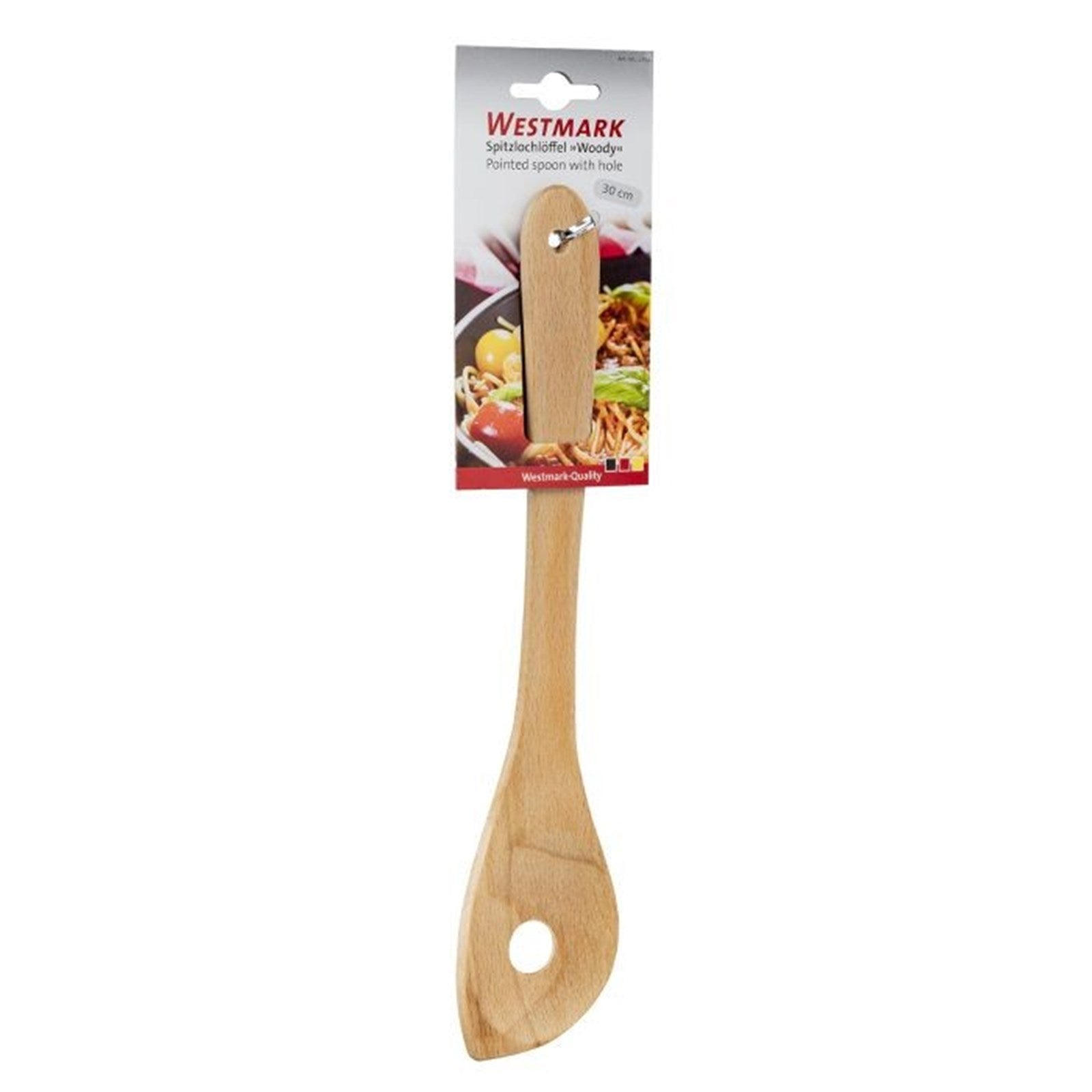 Der Westmark Spitzlochlöffel Woody, 30cm, ist ein langlebiges Küchenutensil aus Holz, ideal für vielseitige Koch- und Servieraufgaben.