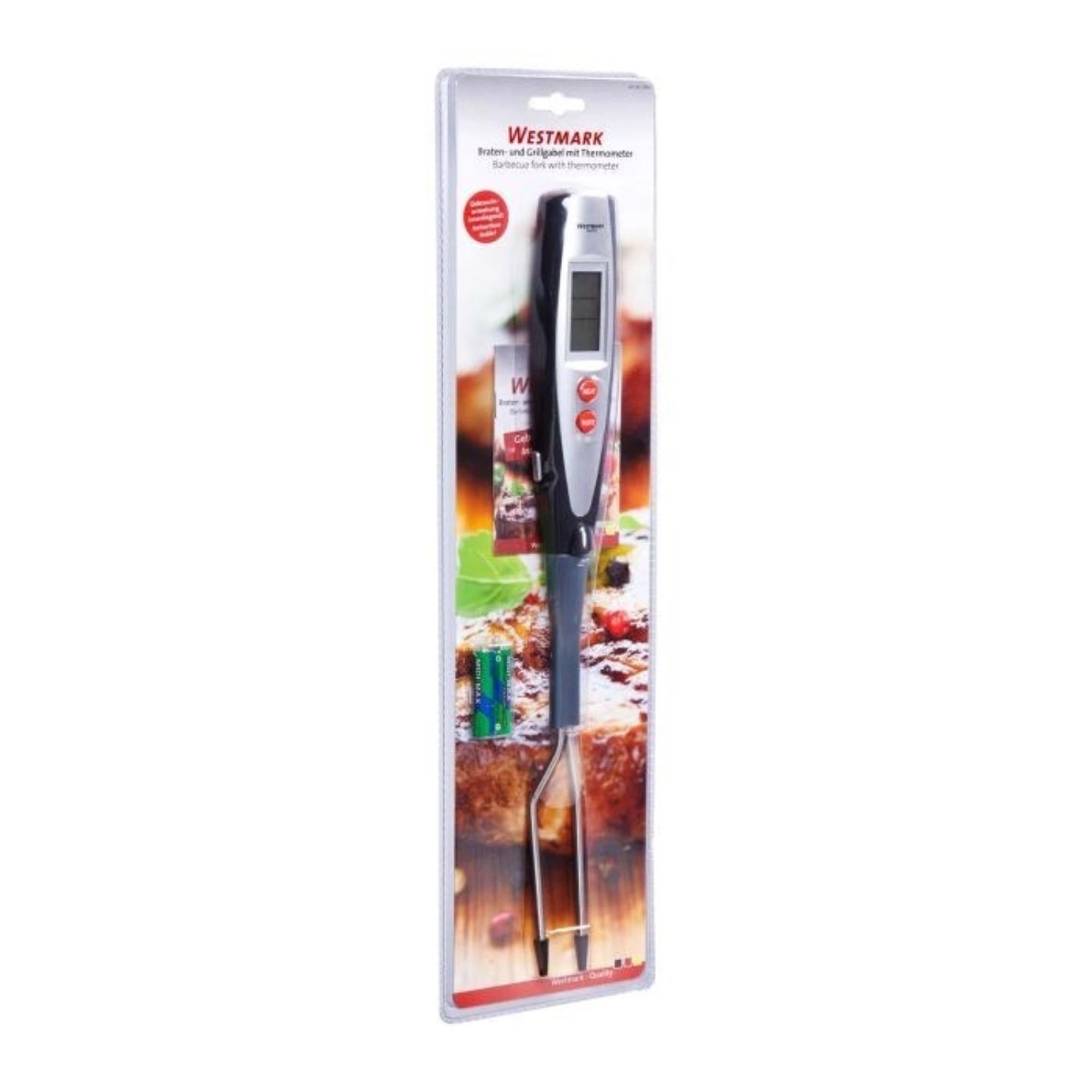 Praktische Grillgabel mit integriertem Thermometer von Westmark, ideal für präzises Garen und Grillen von Fleisch.