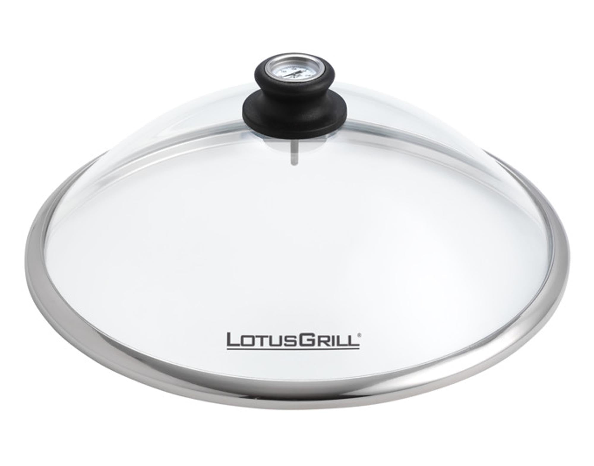Hitzebeständiger Glasdeckel ø 34 cm von LOTUS GRILL: Perfekte Passform, ergonomisch, langlebig, ideal für saftiges Grillen.