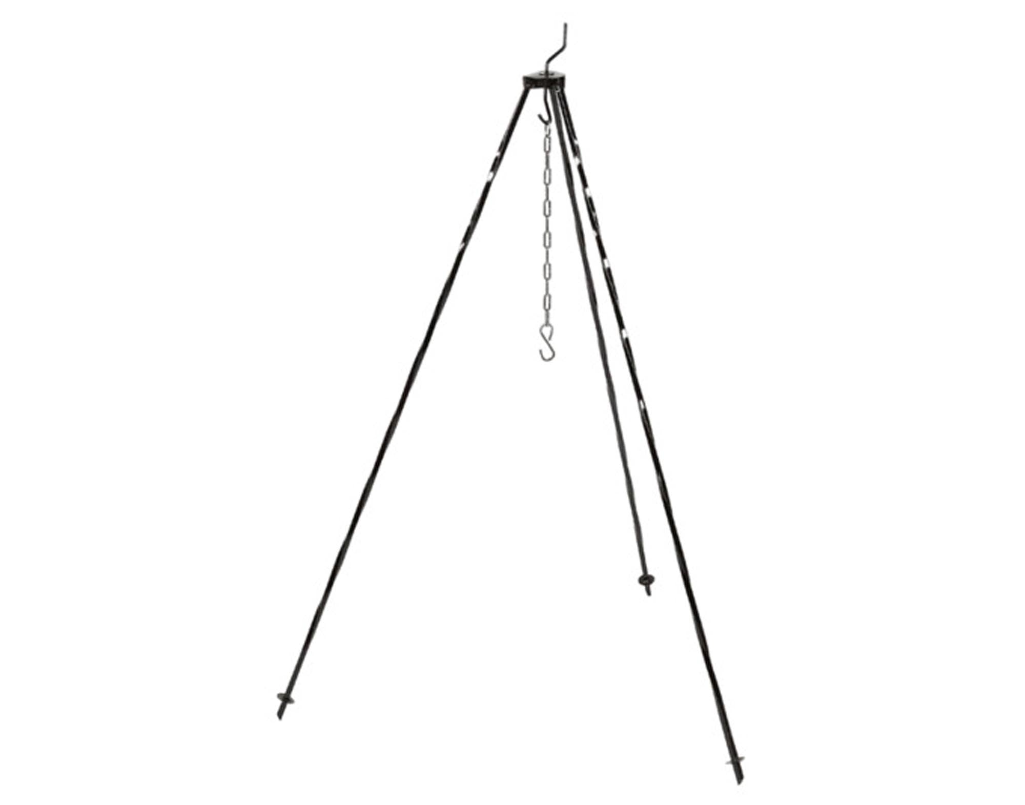 Robustes 150 cm Dreibein von RUMO BARBEQUE, ideal für Outdoor-Grillen. Pulverbeschichteter Stahl, rostbeständig, mit verstellbarer Kette für präzises Kochen.