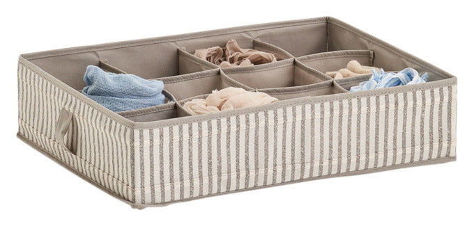 Praktische beige Aufbewahrungsbox aus Vlies mit 12 Fächern, ideal für Ordnung und Organisation, Maße: 44x34x11 cm.