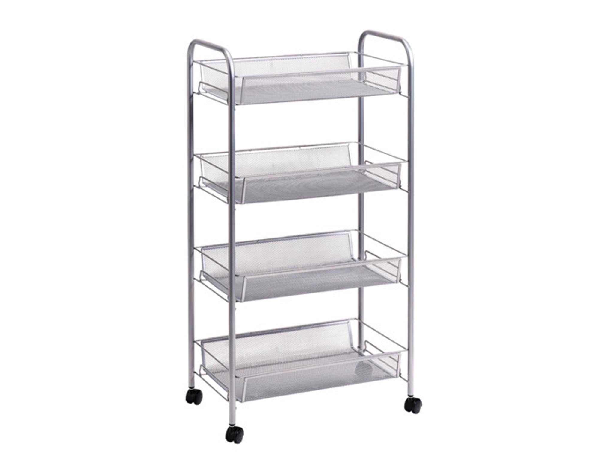 Kompakter Rollwagen von ZELLER PRESENT: 4 robuste Mesh-Metall-Ablagen, mobil dank Rollen, ideal für Küche & Haushalt. Maße: 42.5x26x83.5 cm.