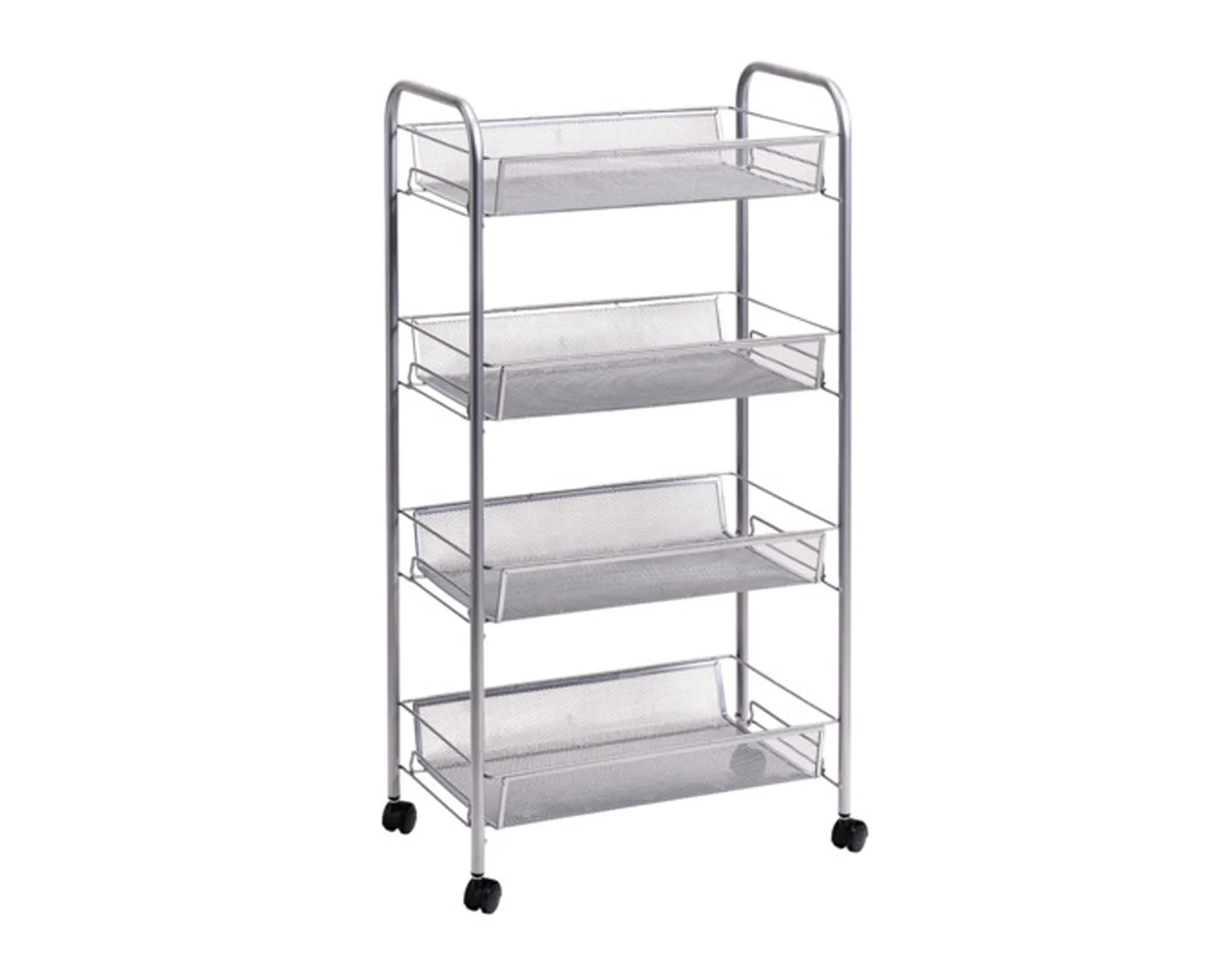 Kompakter Rollwagen von ZELLER PRESENT: 4 robuste Mesh-Metall-Ablagen, mobil dank Rollen, ideal für Küche & Haushalt. Maße: 42.5x26x83.5 cm.